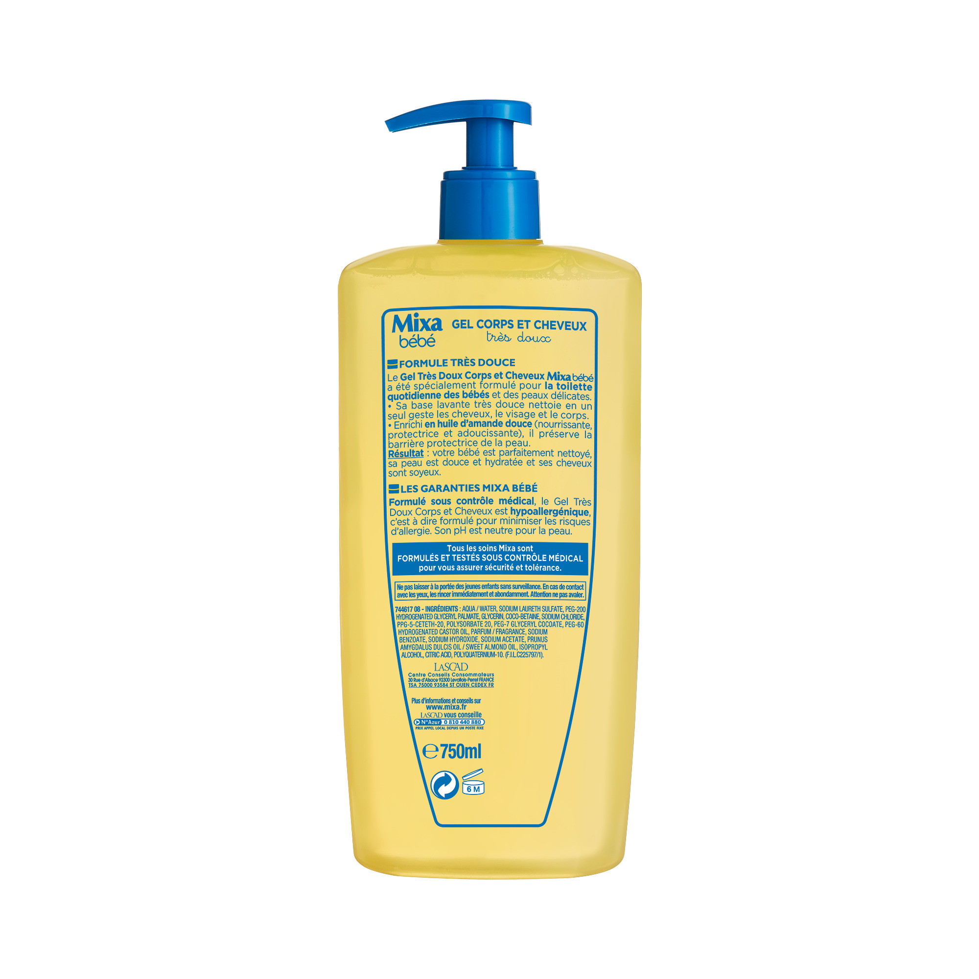 Voir la diapositive 2 : MIXA BEBE Gel très doux corps et cheveux à l'huile d'amande douce 750ml