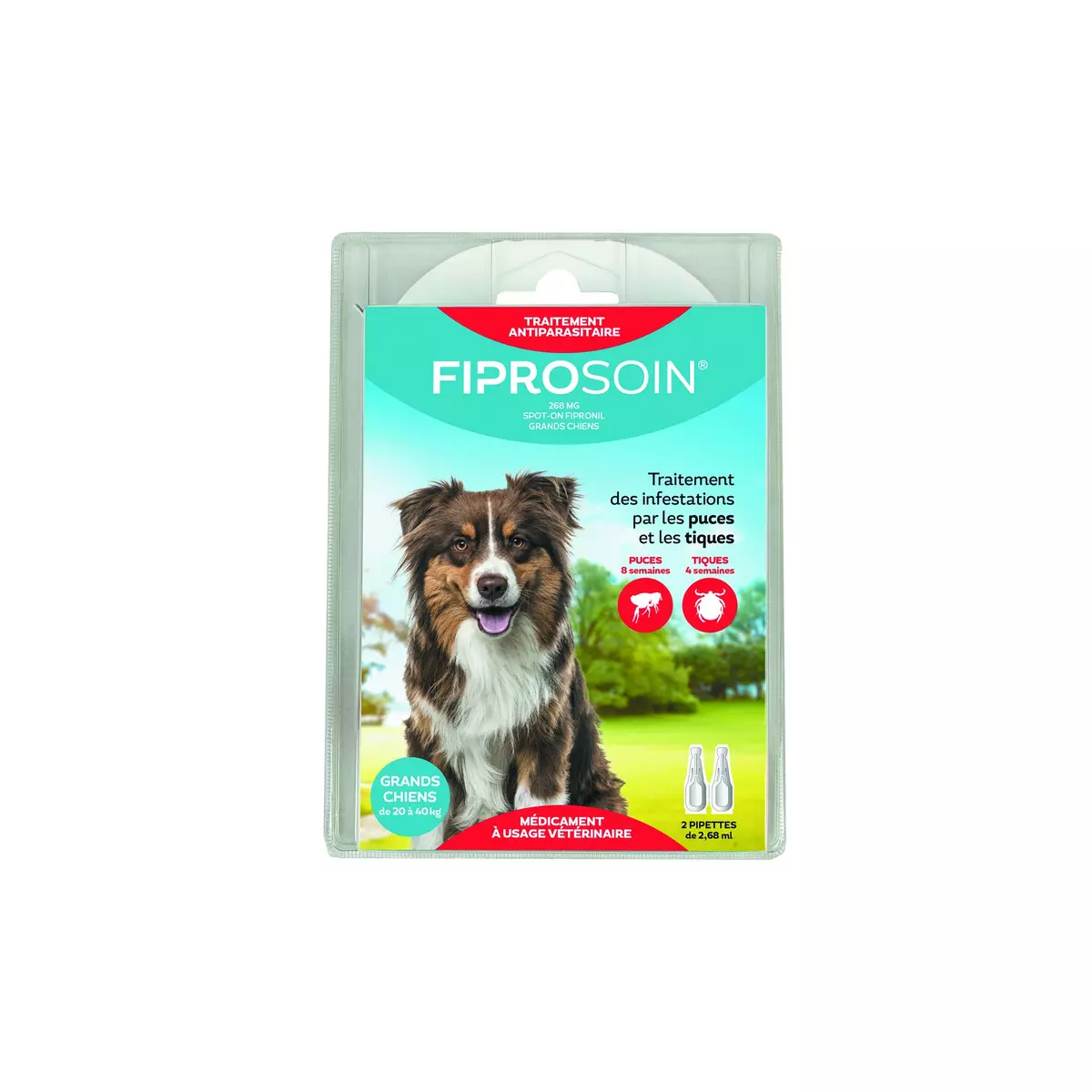 FIPROSOIN Traitement antiparasitaire pour grands chiens de 20 à 40kg 2 pipettes 2x2,68ml