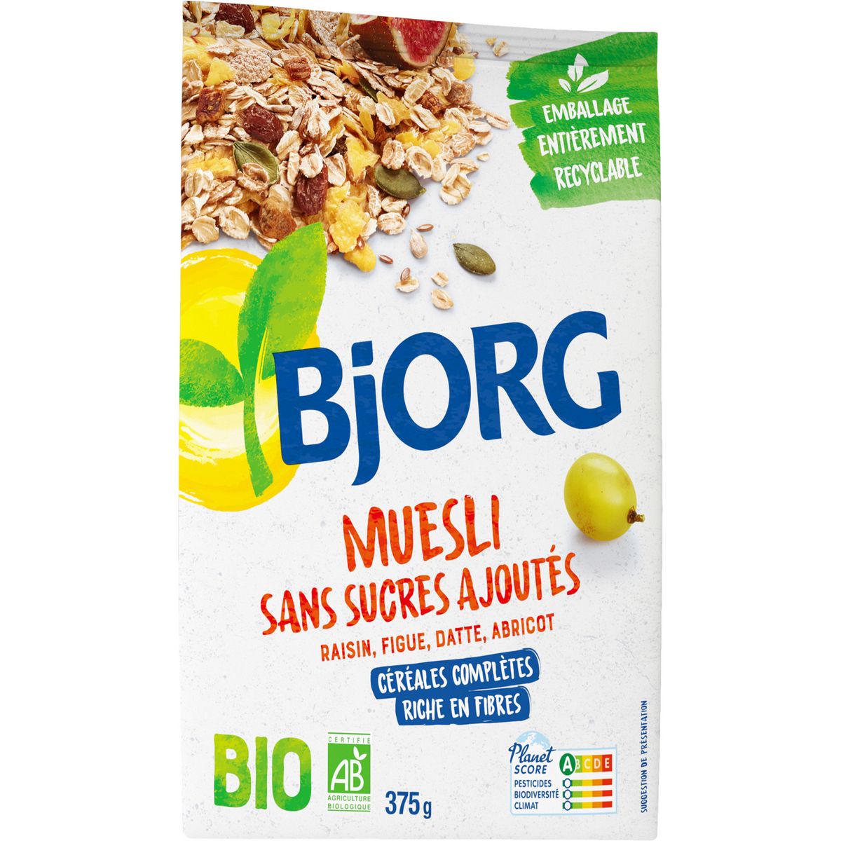 BJORG Muesli de céréales bio raisin figue datte et abricot sans sucre ajoutés 375g