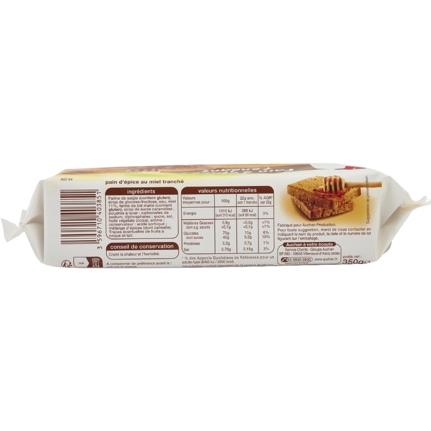 Voir la diapositive 2 : AUCHAN Pain d'épices fondant au miel 16 tranches 350g