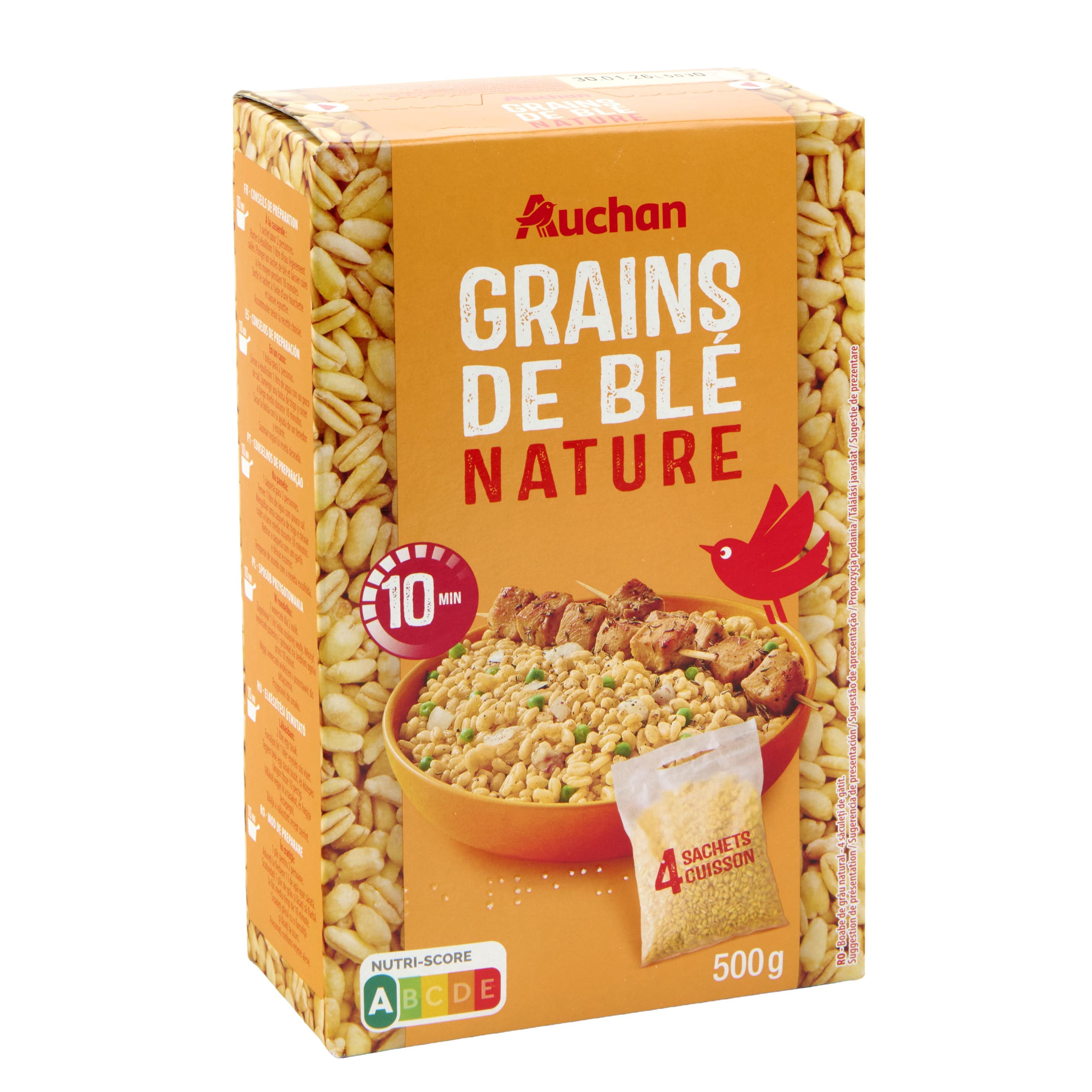 Voir la diapositive 3 : AUCHAN Grains de blé nature, sachet cuisson 10min 4 sachets 4x125g