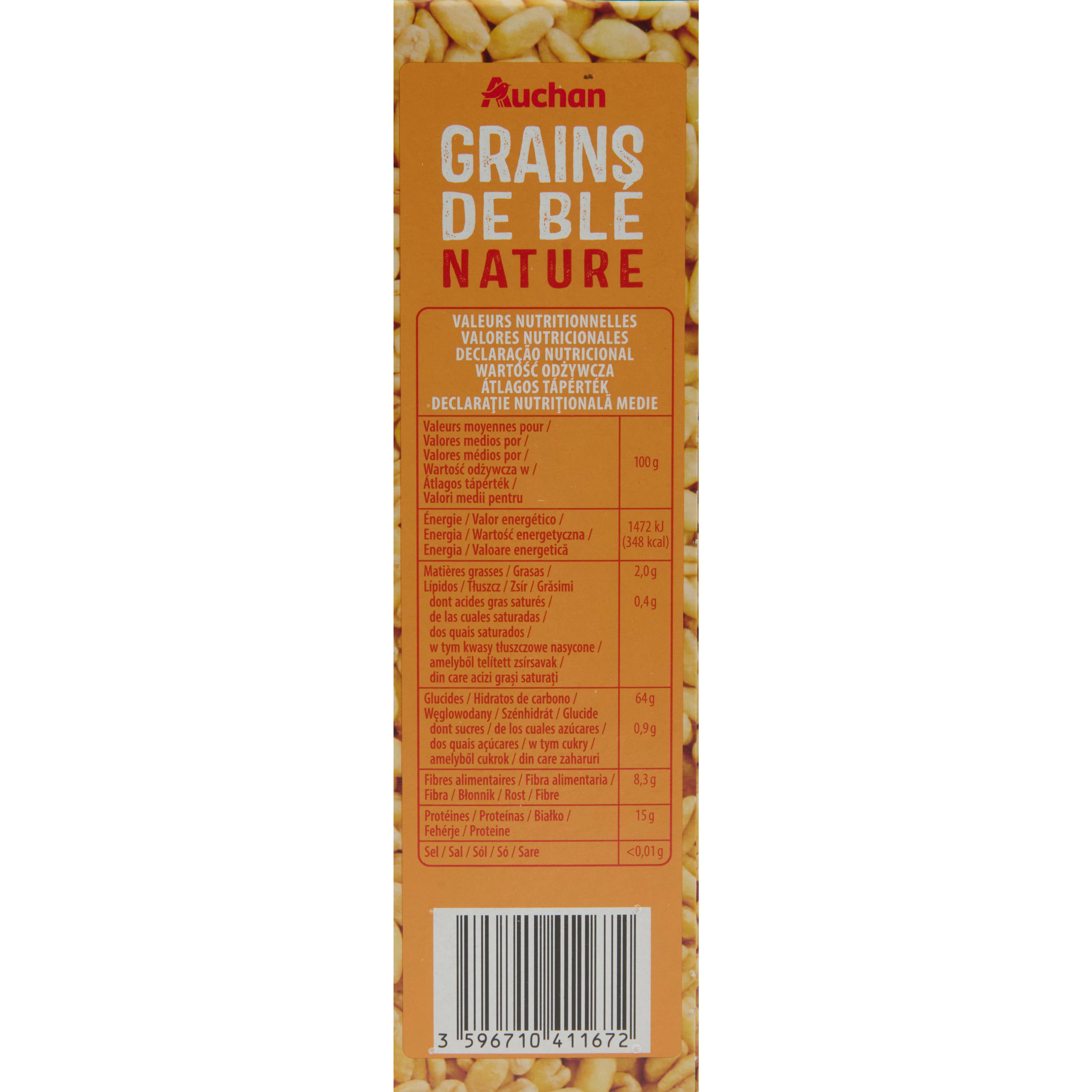 Voir la diapositive 4 : AUCHAN Grains de blé nature, sachet cuisson 10min 4 sachets 4x125g
