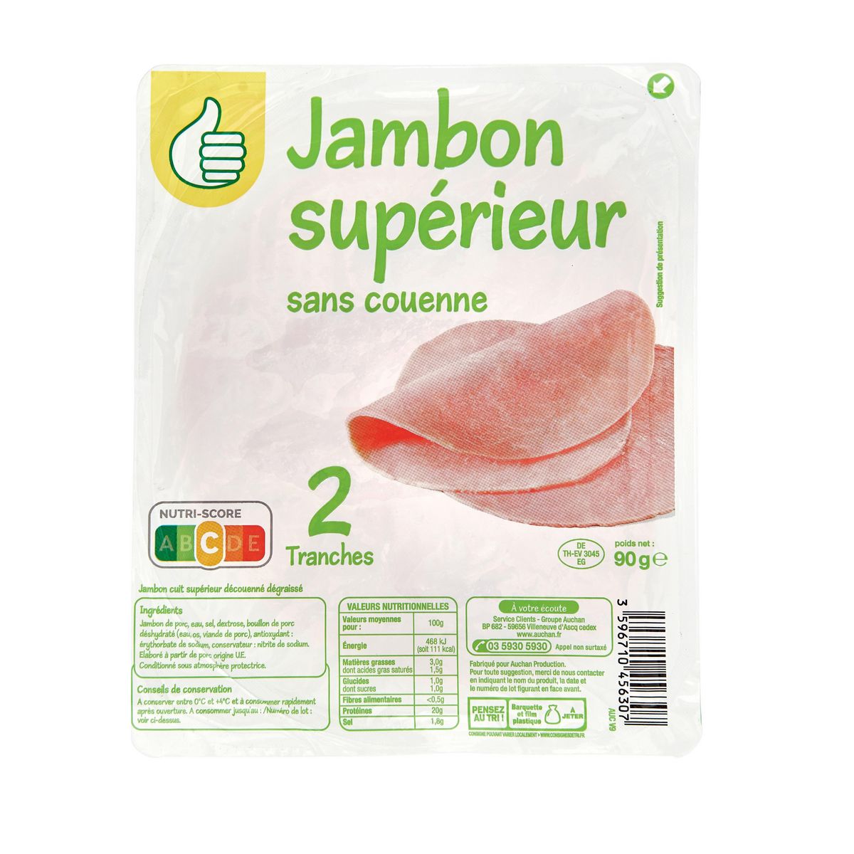 POUCE Jambon cuit supérieur sans couenne 2 tranches 90g
