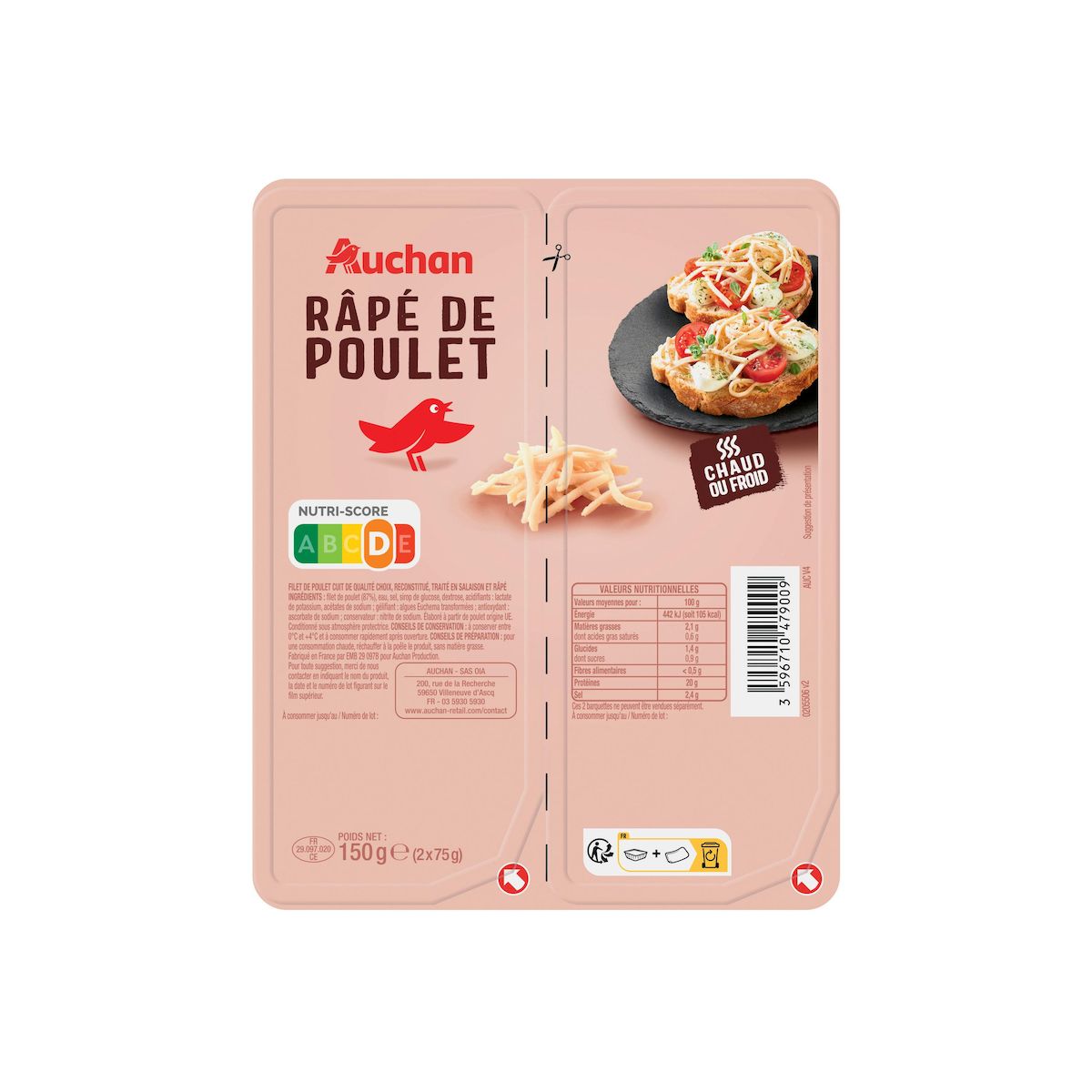 AUCHAN Râpé de poulet 2x75g