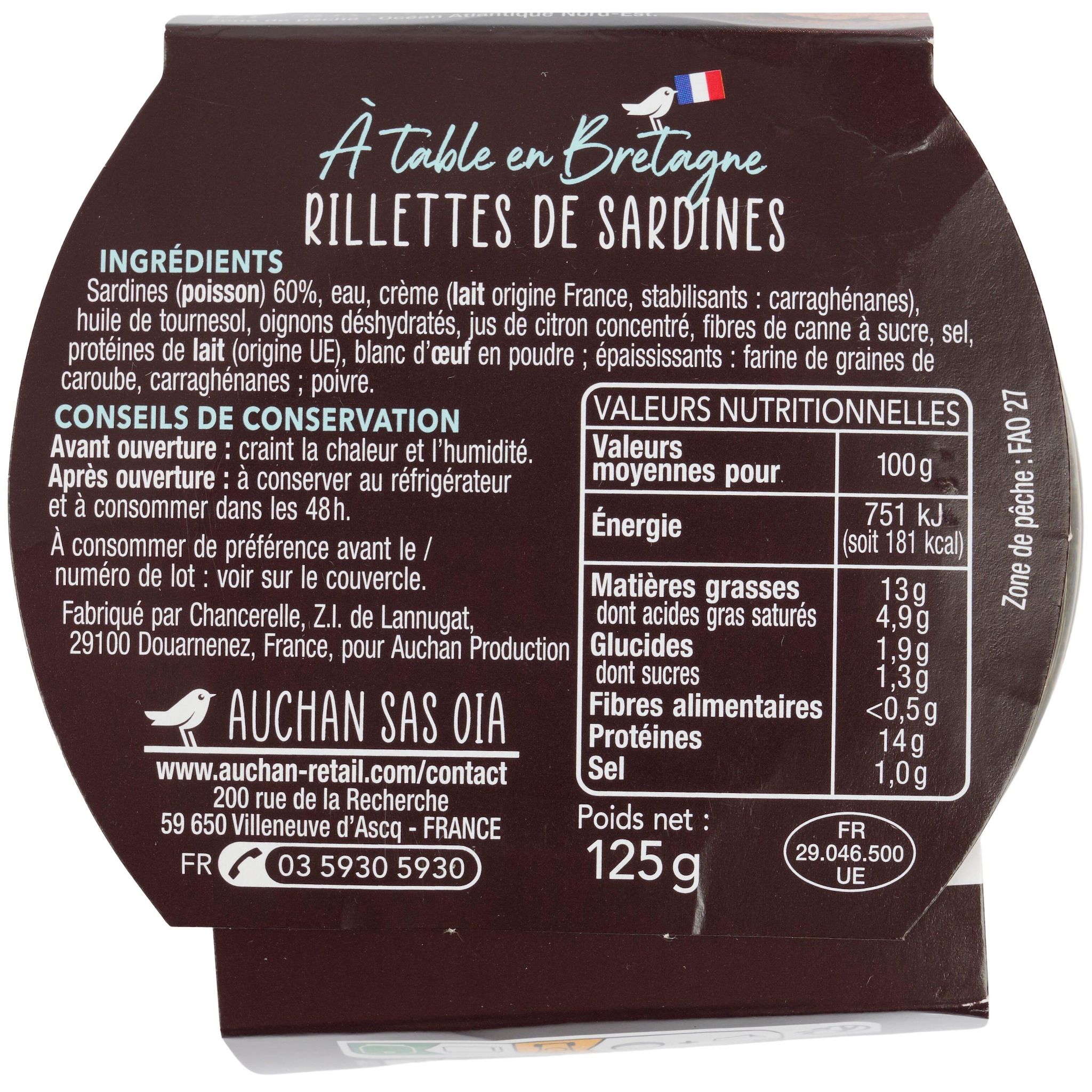 Voir la diapositive 2 : AUCHAN TERROIR Rillettes de sardines préparées en Bretagne 125g