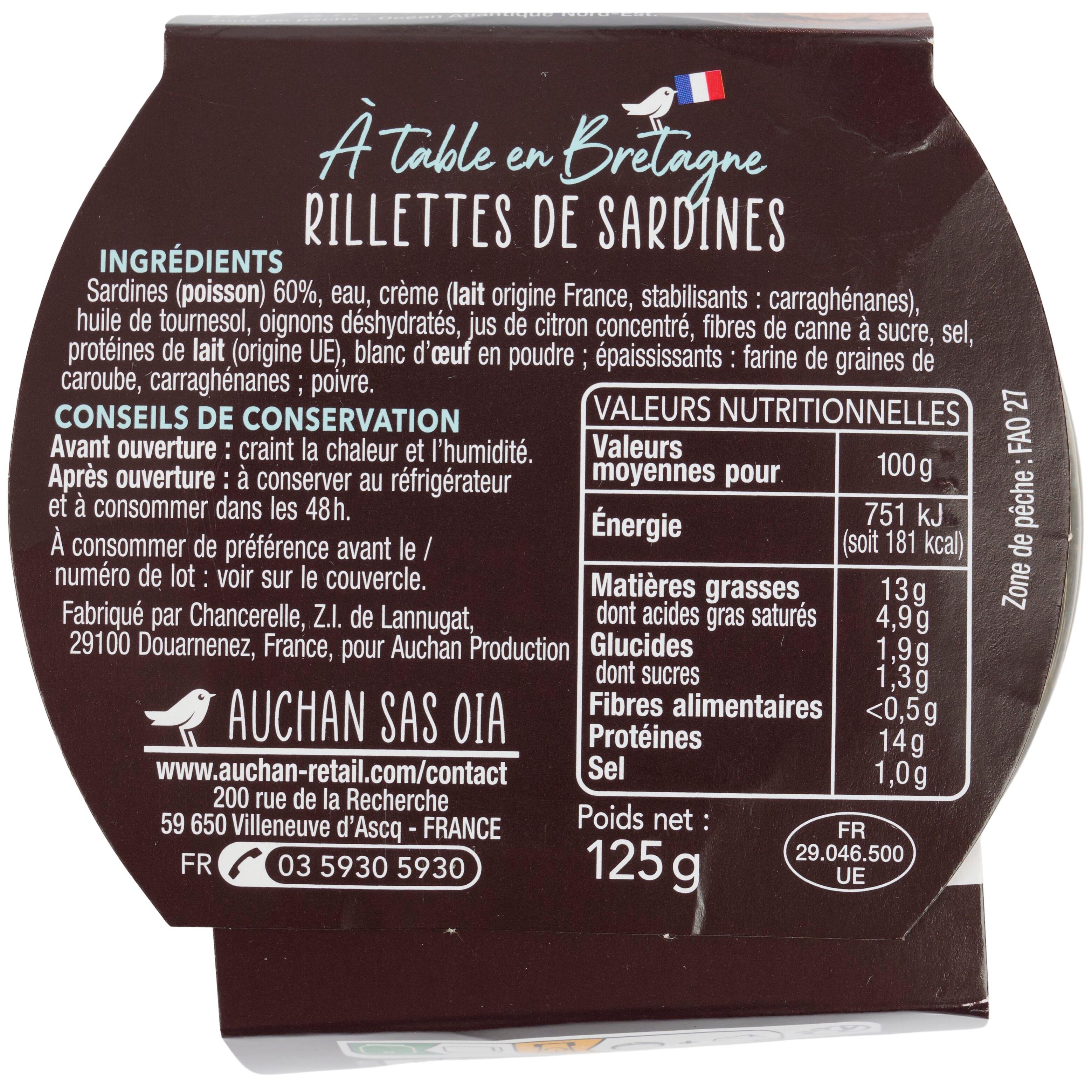 Voir la diapositive 3 : AUCHAN TERROIR Rillettes de sardines préparées en Bretagne 125g