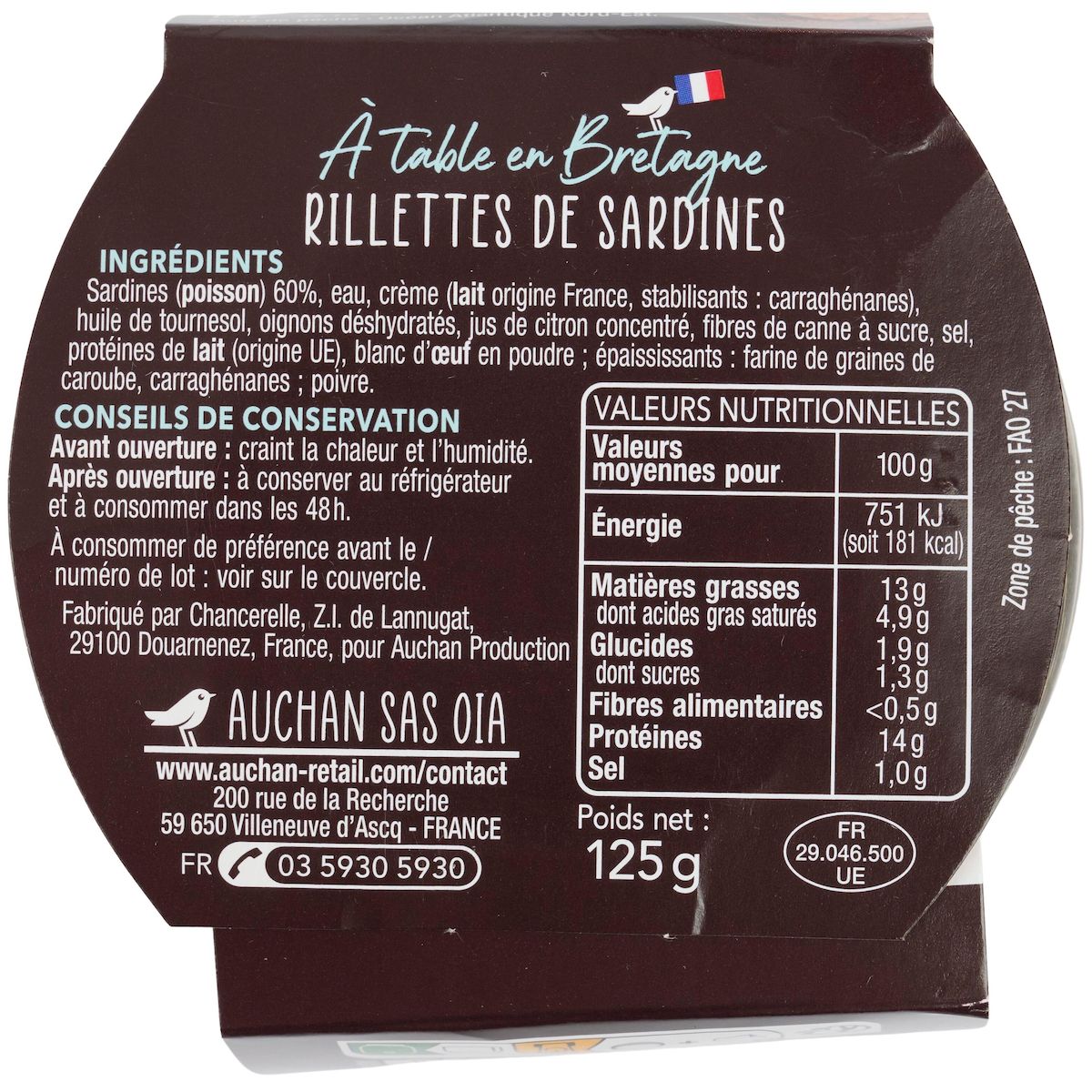 AUCHAN TERROIR Rillettes de sardines préparées en Bretagne 125g