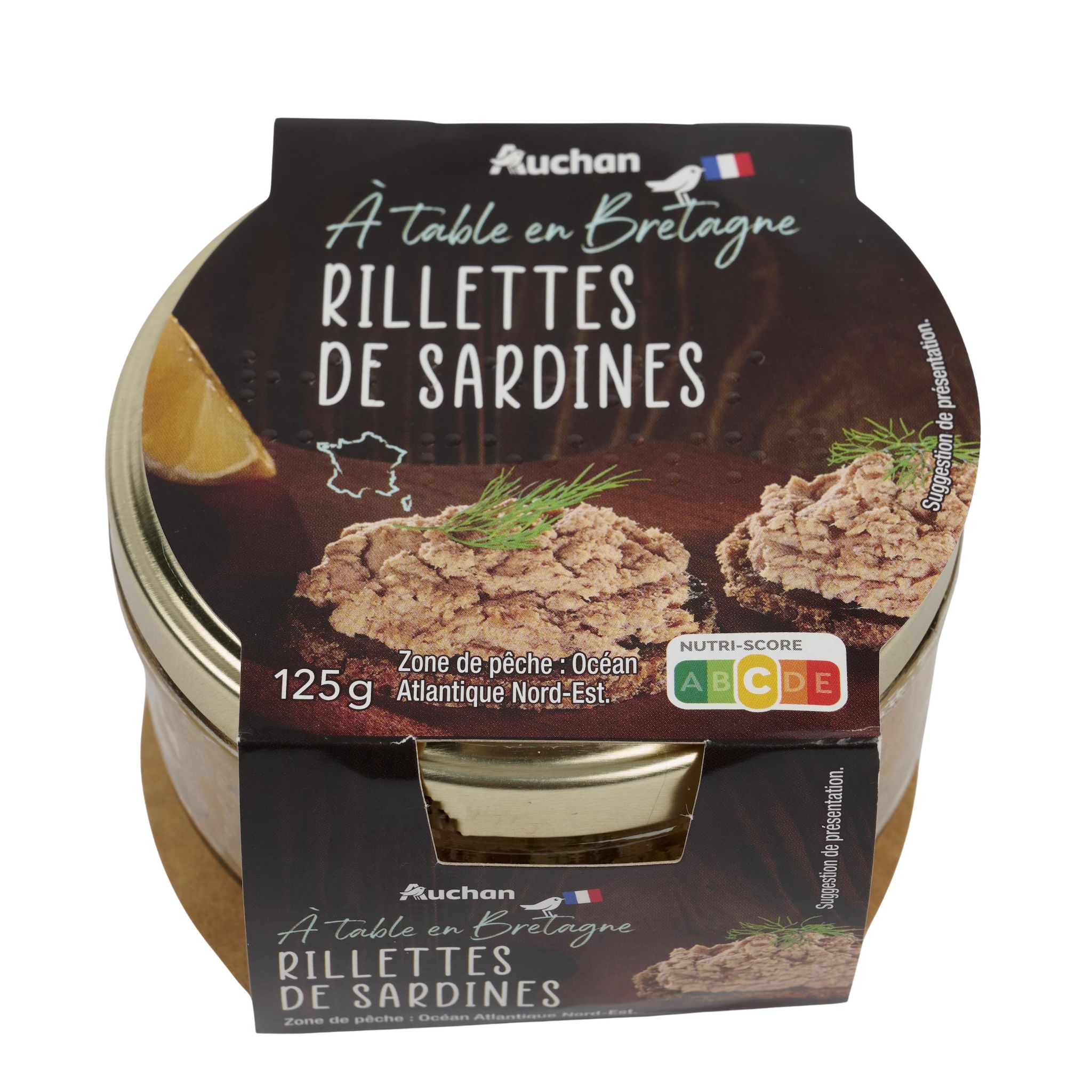 Voir la diapositive 3 : AUCHAN TERROIR Rillettes de sardines préparées en Bretagne 125g