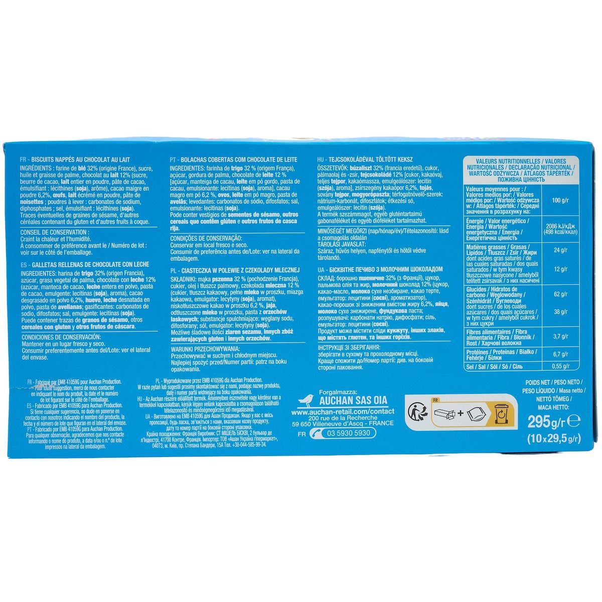 AUCHAN Biscuits sablés fourrés au chocolat au lait sachets individuels 10 biscuits 295g