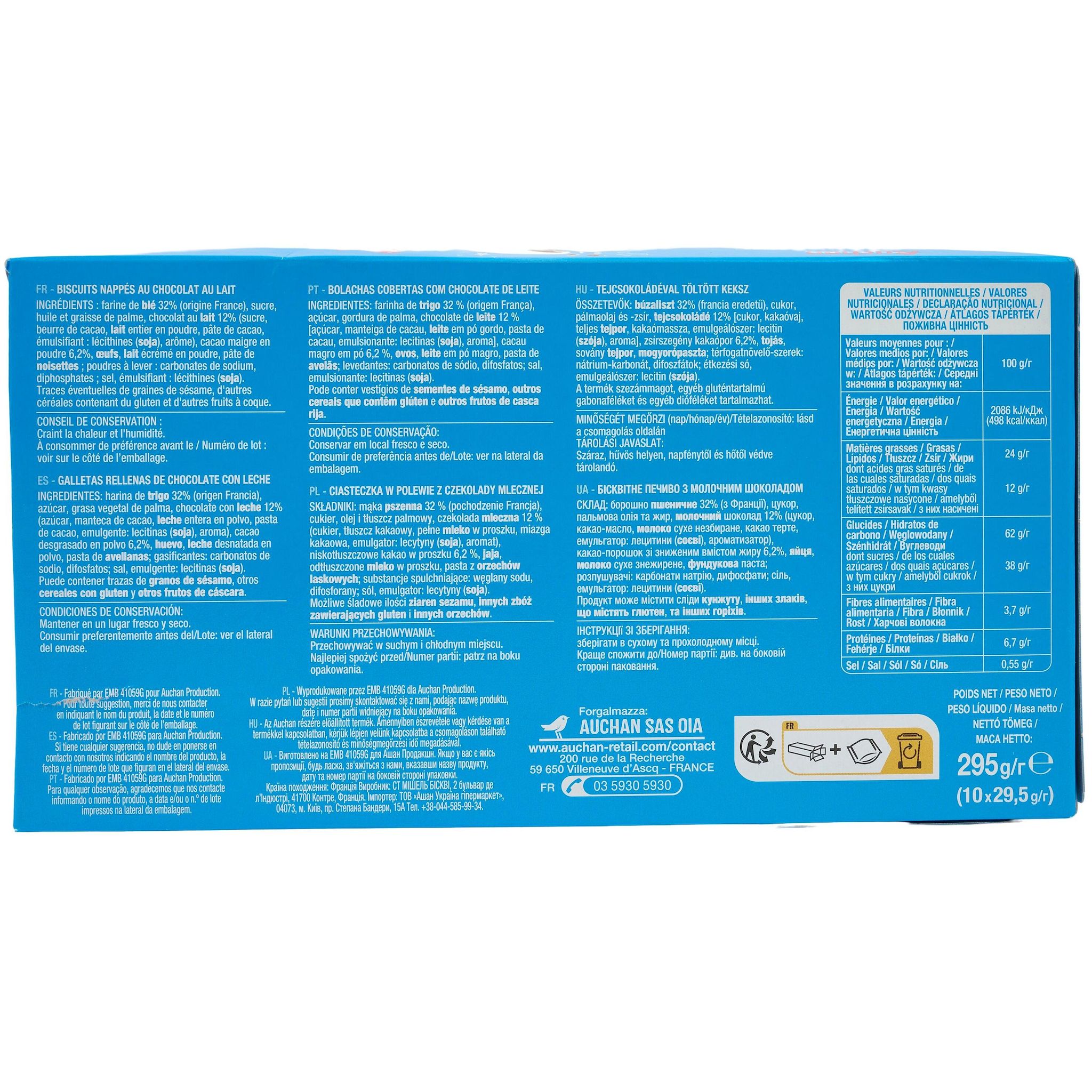 Voir la diapositive 4 : AUCHAN Biscuits sablés fourrés au chocolat au lait sachets individuels 10 biscuits 295g