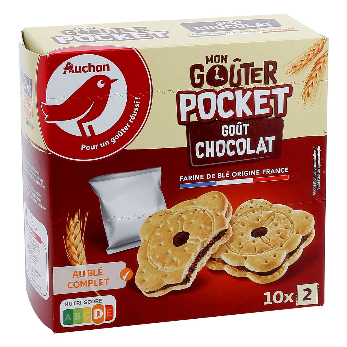 AUCHAN Mon goûter pocket biscuits fourrés au chocolat sachets fraîcheur 10x2 biscuits 375g