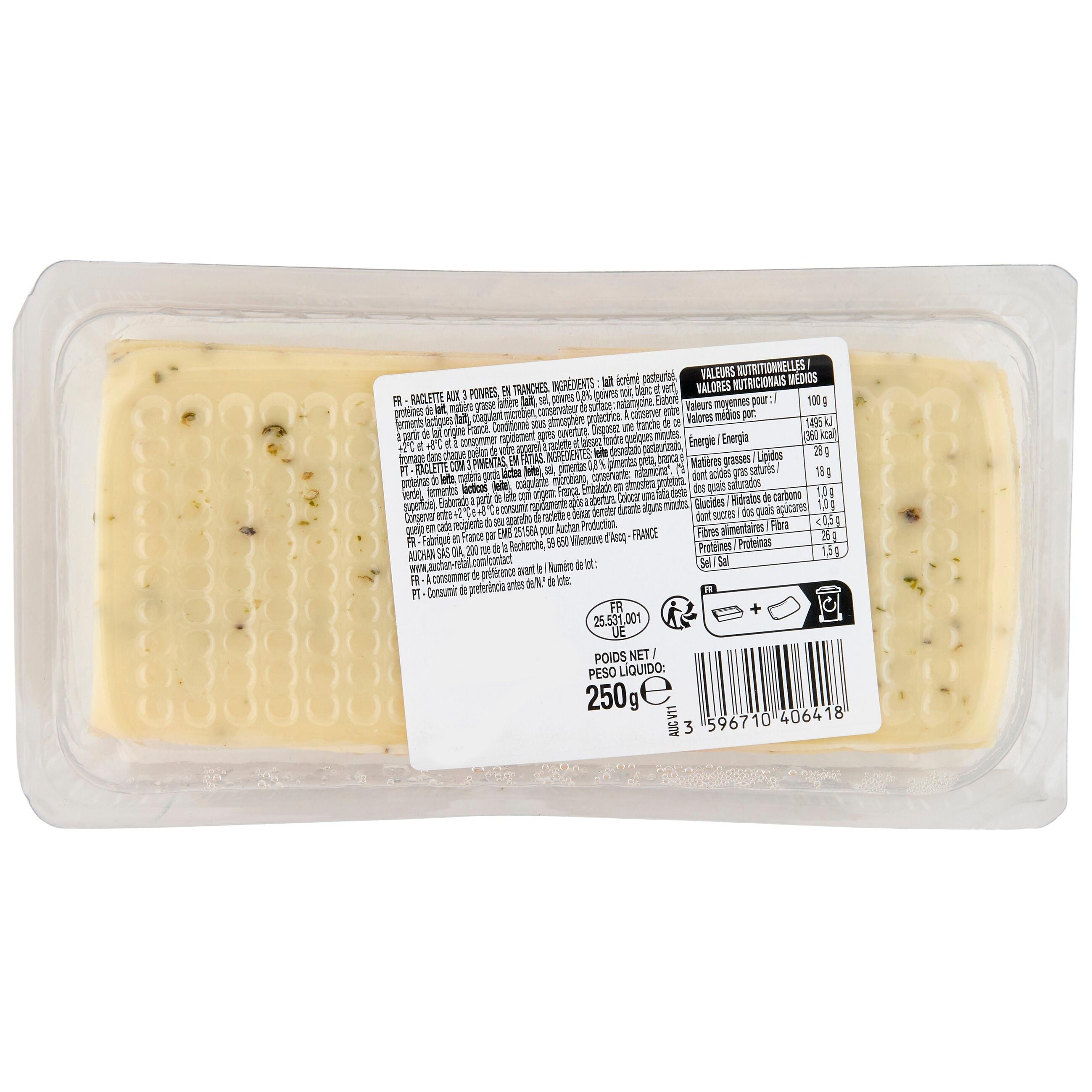 Voir la diapositive 3 : AUCHAN Fromage à raclette aux 3 poivres 250g