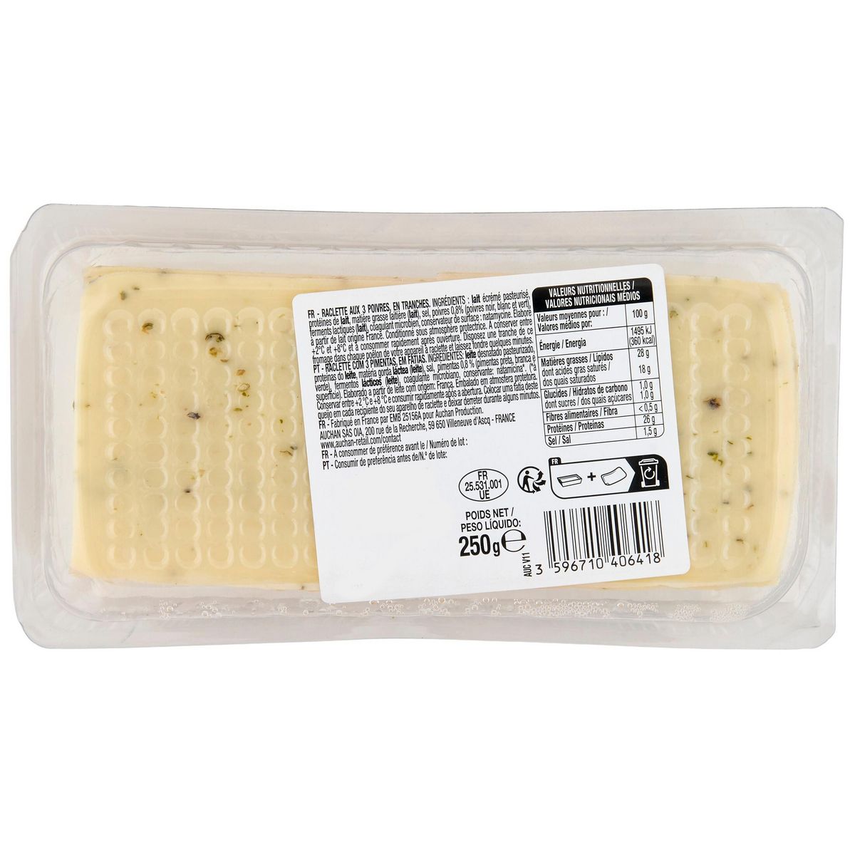 AUCHAN Fromage à raclette aux 3 poivres 250g