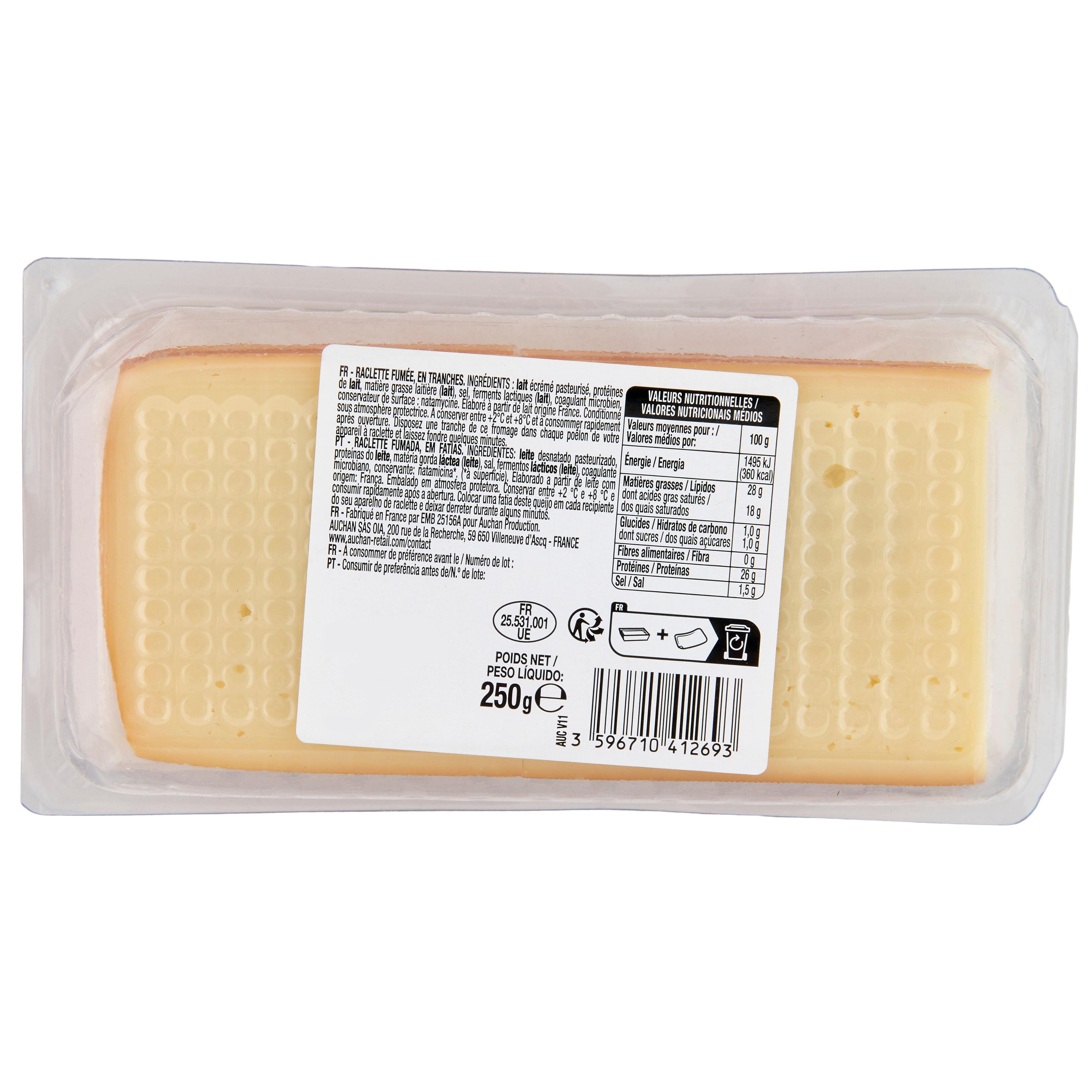 Voir la diapositive 2 : AUCHAN Fromage à raclette fumé 2 parts 250g