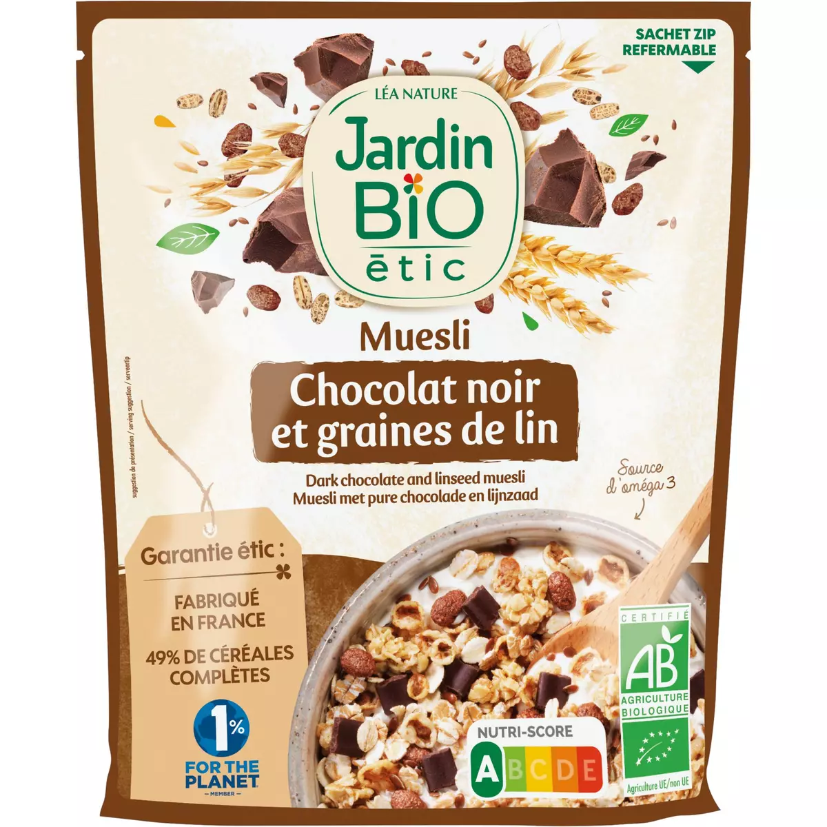 JARDIN BIO ETIC Muesli de céréales au chocolat noir et graines de lin 375g