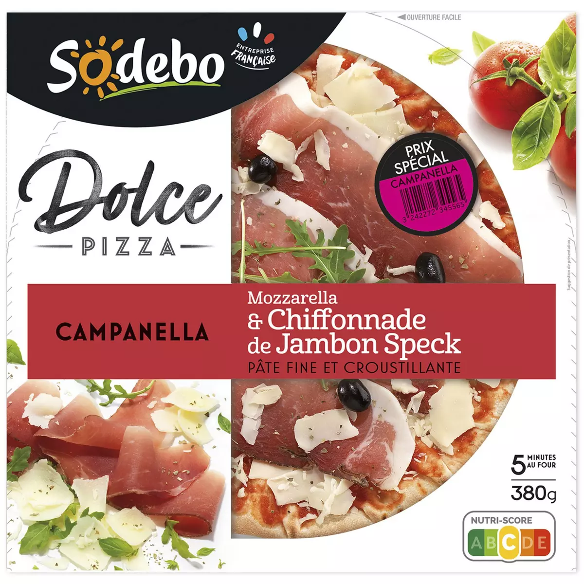 SODEBO Dolce Pizza Campanella mozzarella et chiffonnade de jambon speck 380g