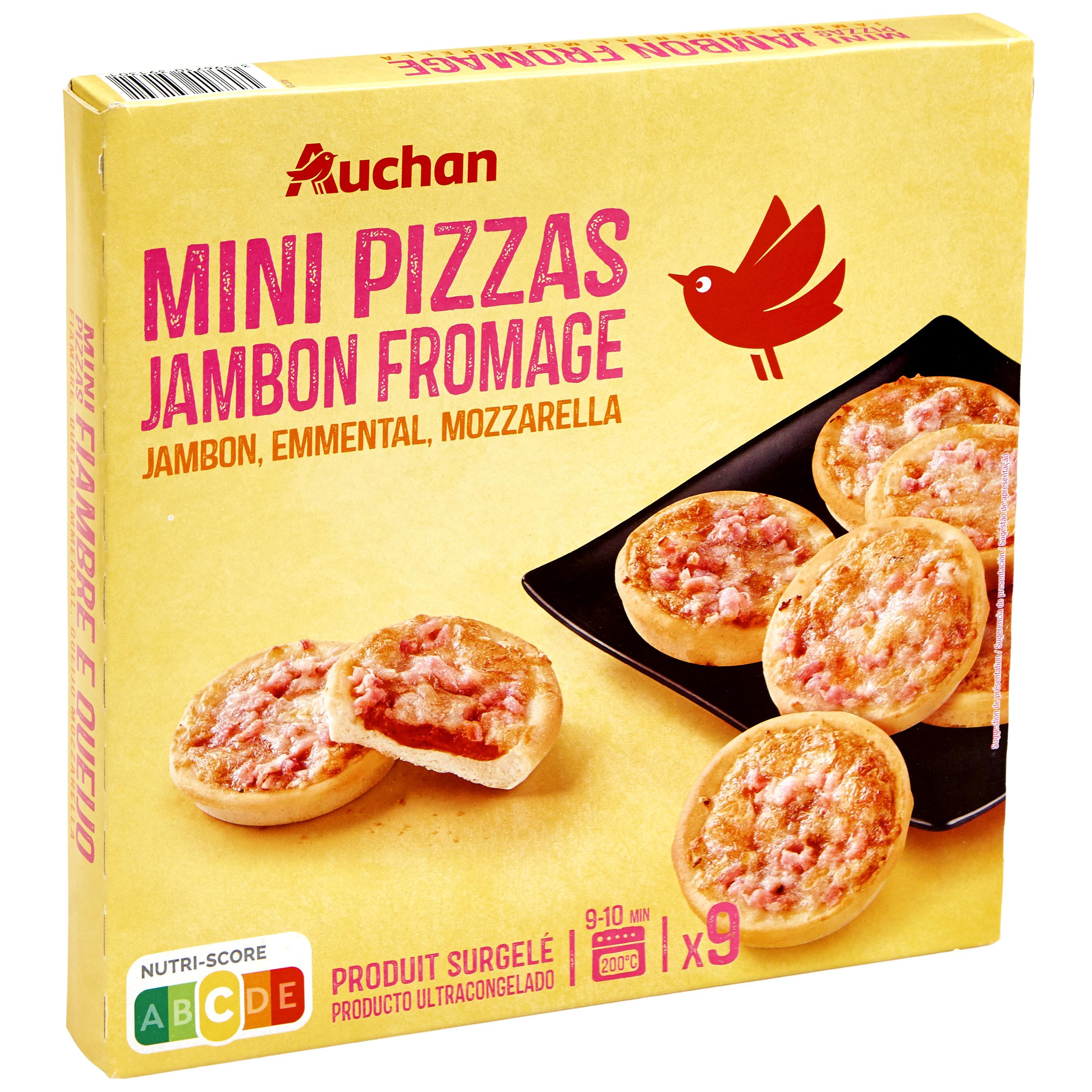 Voir la diapositive 2 : AUCHAN Mini pizza au jambon et fromage 9 pièces 270g