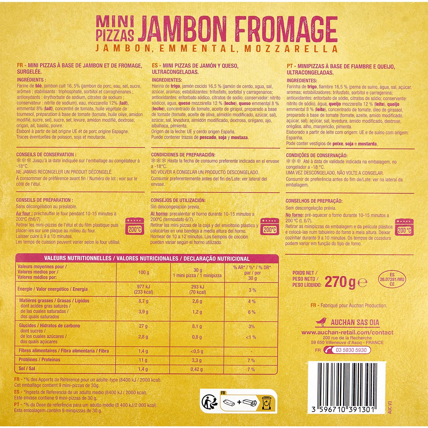 Voir la diapositive 3 : AUCHAN Mini pizza au jambon et fromage 9 pièces 270g