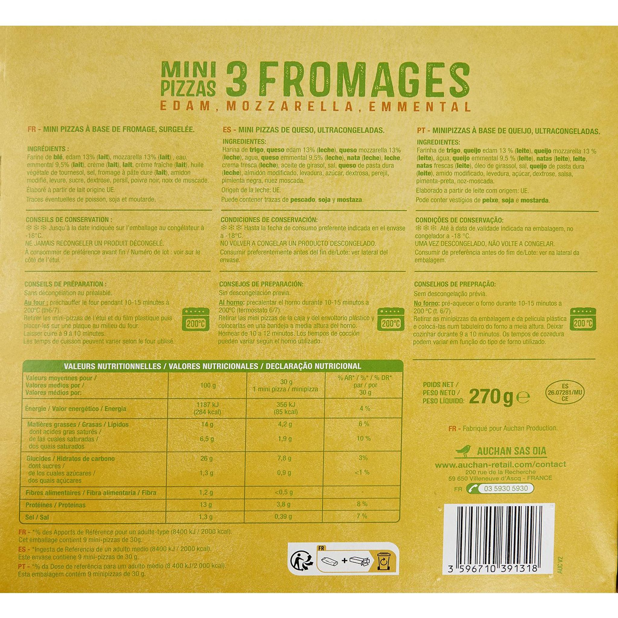 Voir la diapositive 2 : AUCHAN Mini pizza aux 3 fromages 9 pièces 270g
