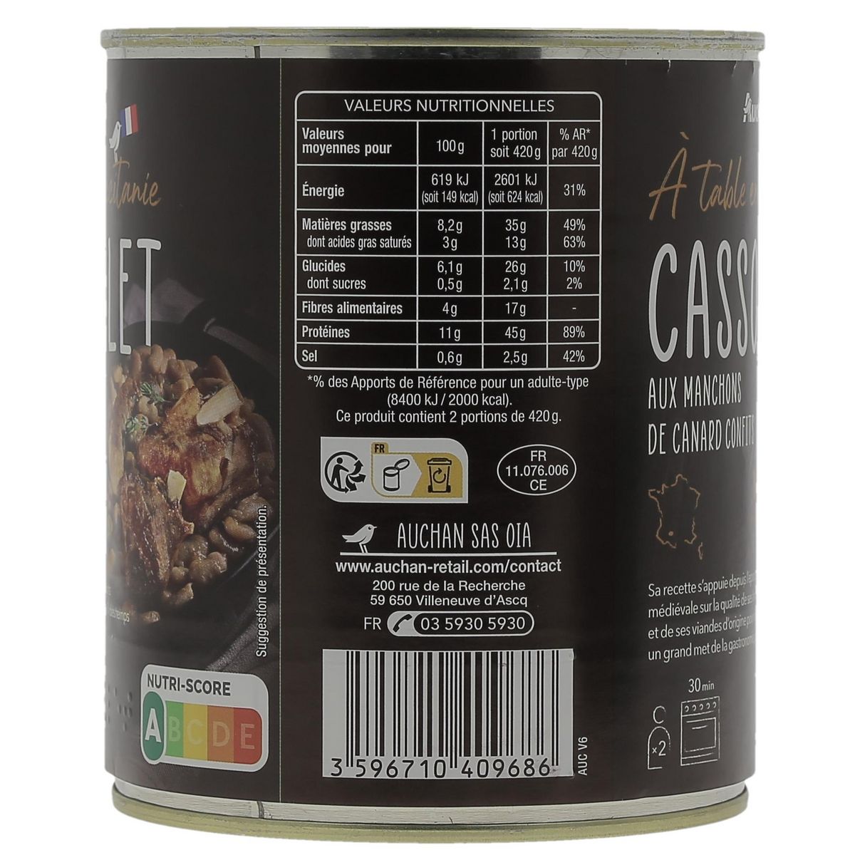 AUCHAN TERROIR Cassoulet aux manchons de canard confits 2 personnes 840g