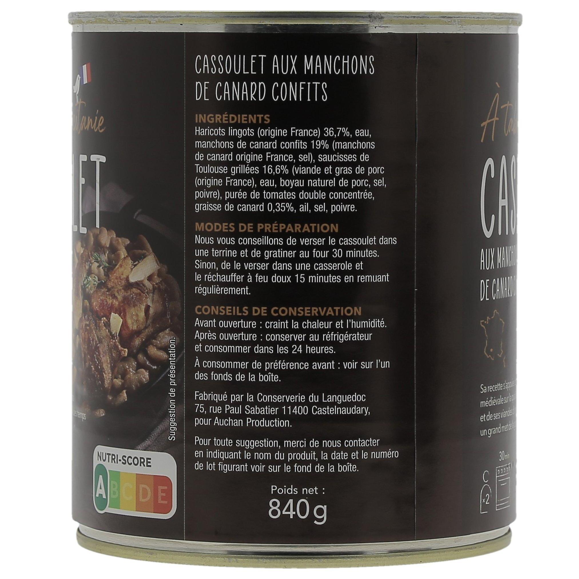 Voir la diapositive 3 : AUCHAN TERROIR Cassoulet aux manchons de canard confits 2 personnes 840g