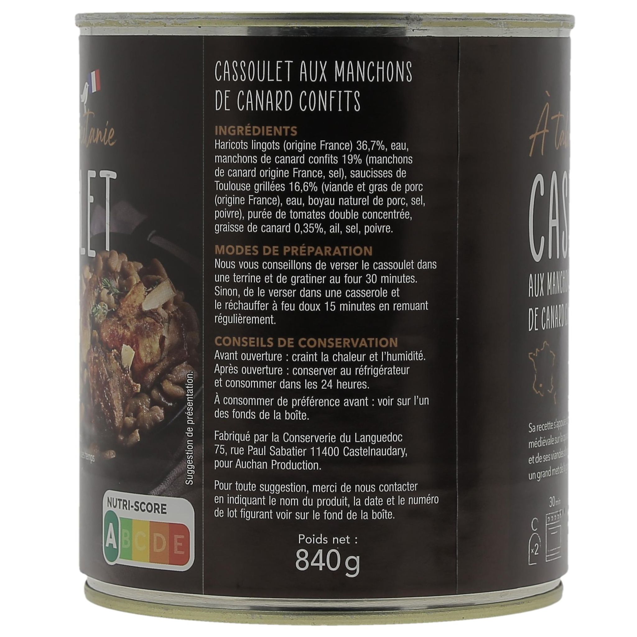 Voir la diapositive 3 : AUCHAN TERROIR Cassoulet aux manchons de canard confits 2 personnes 840g