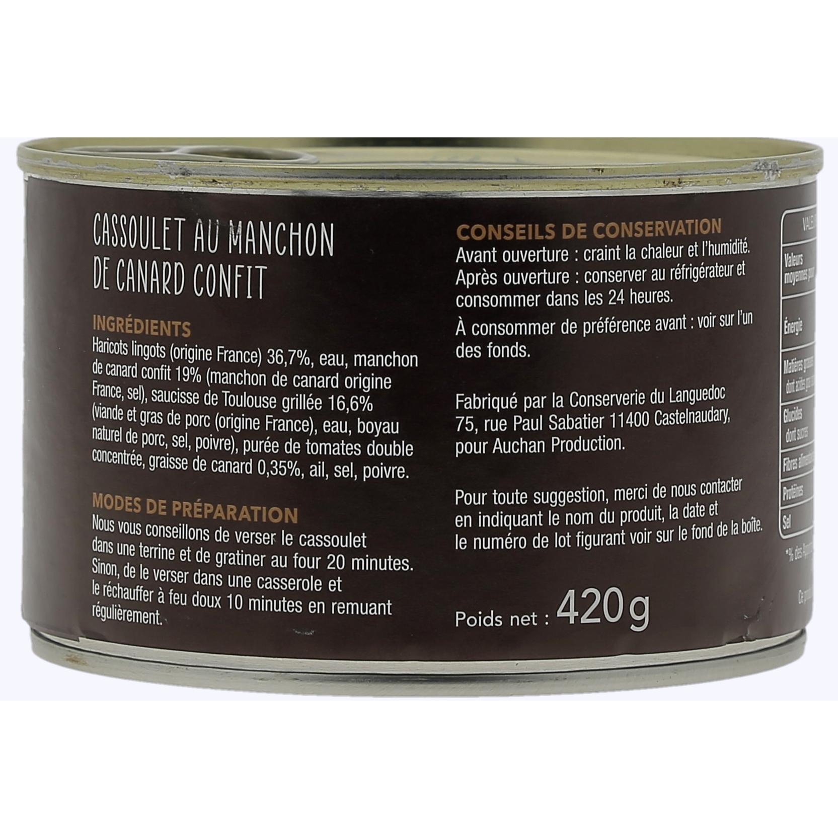 Voir la diapositive 2 : AUCHAN TERROIR Cassoulet au manchon de canard confit cuisiné à la graisse de canard 1 personne 420g