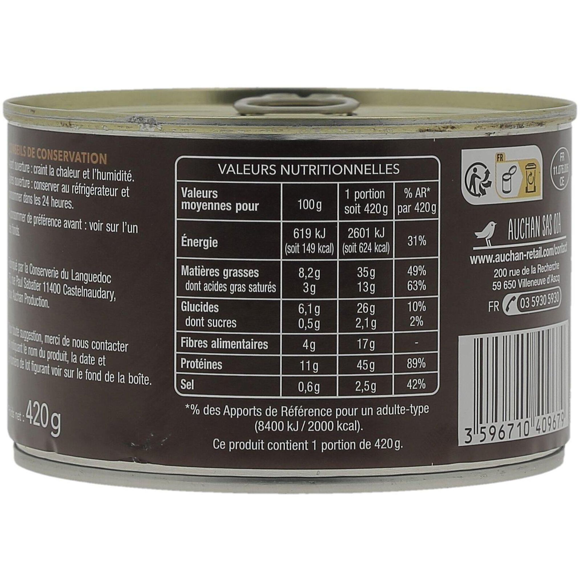 Voir la diapositive 2 : AUCHAN TERROIR Cassoulet au manchon de canard confit cuisiné à la graisse de canard 1 personne 420g
