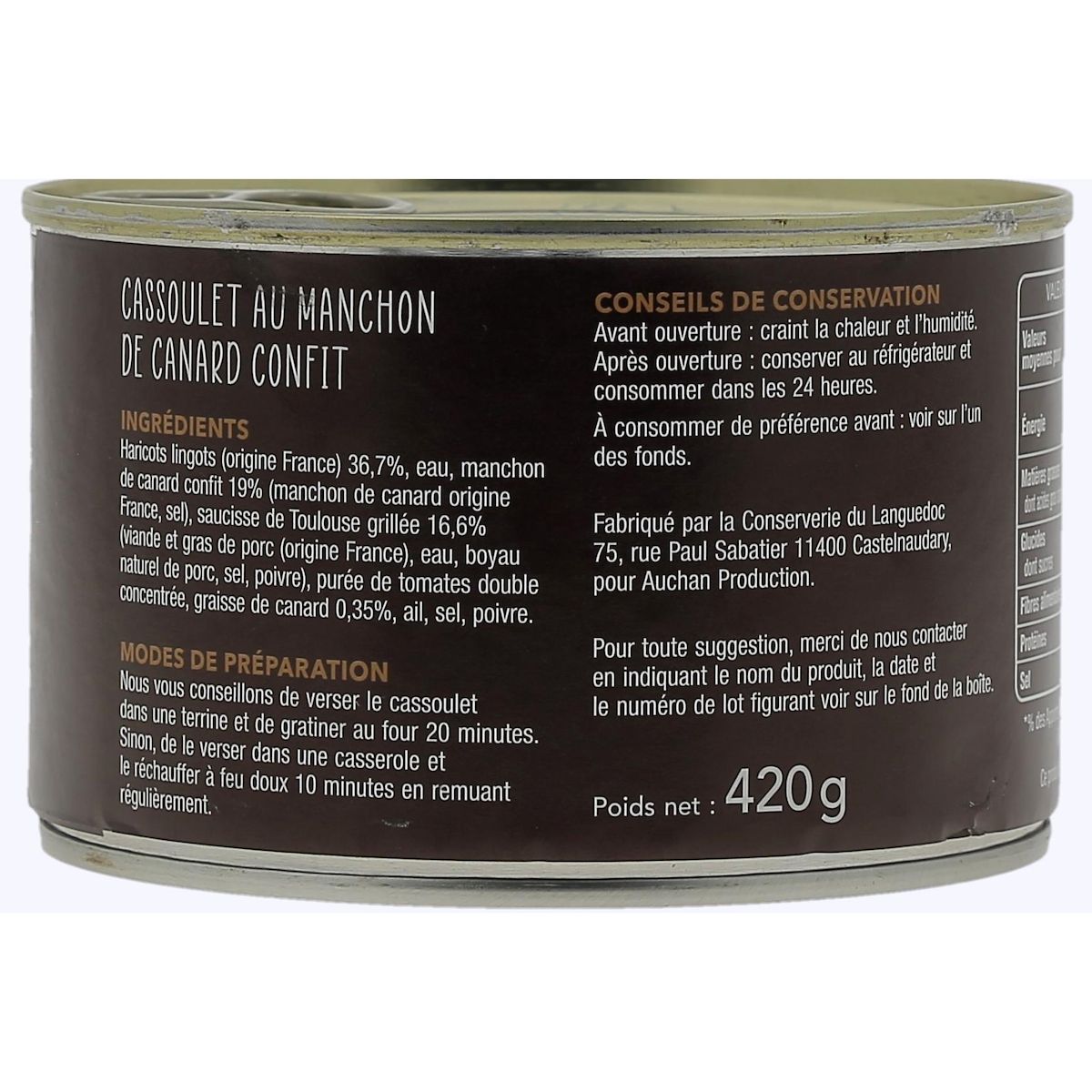 AUCHAN TERROIR Cassoulet au manchon de canard confit cuisiné à la graisse de canard 1 personne 420g