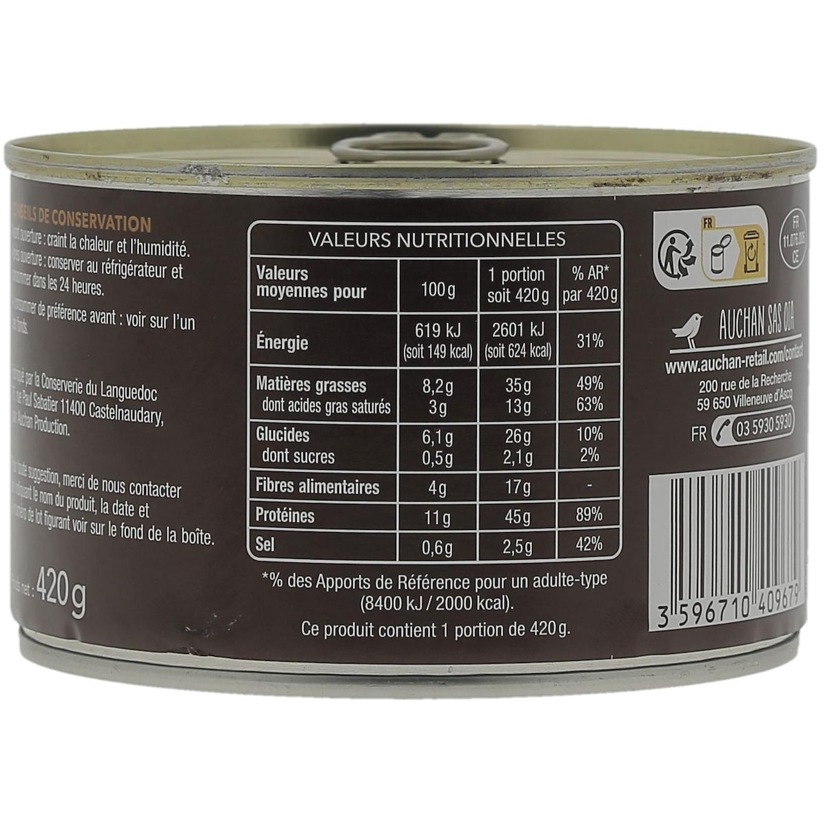 AUCHAN TERROIR Cassoulet au manchon de canard confit cuisiné à la graisse de canard 1 personne 420g