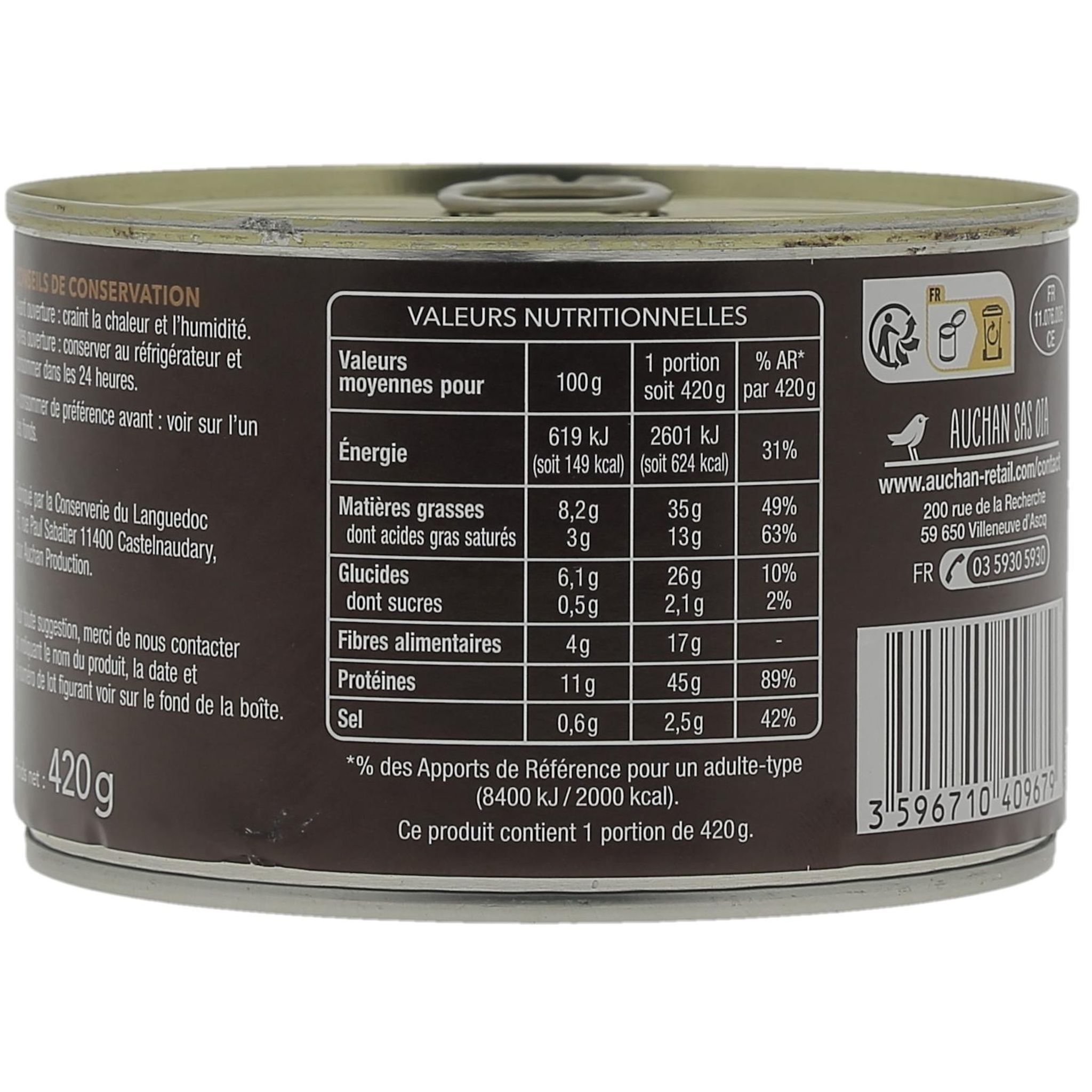 Voir la diapositive 4 : AUCHAN TERROIR Cassoulet au manchon de canard confit cuisiné à la graisse de canard 1 personne 420g