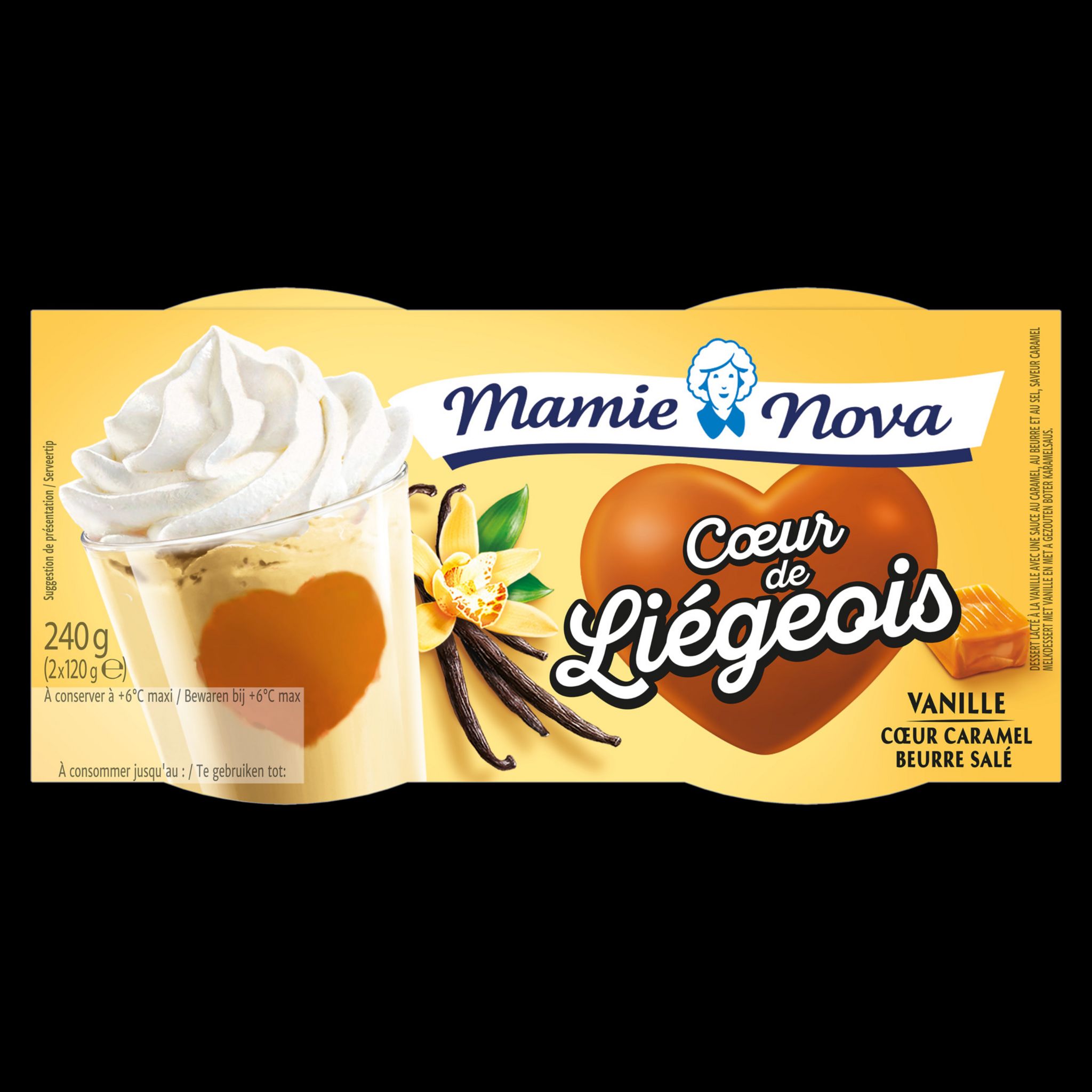 Voir la diapositive 2 : MAMIE NOVA Gourmand Coeur de liégeois aromatisé vanille coeur caramel beurre salé 2x120g