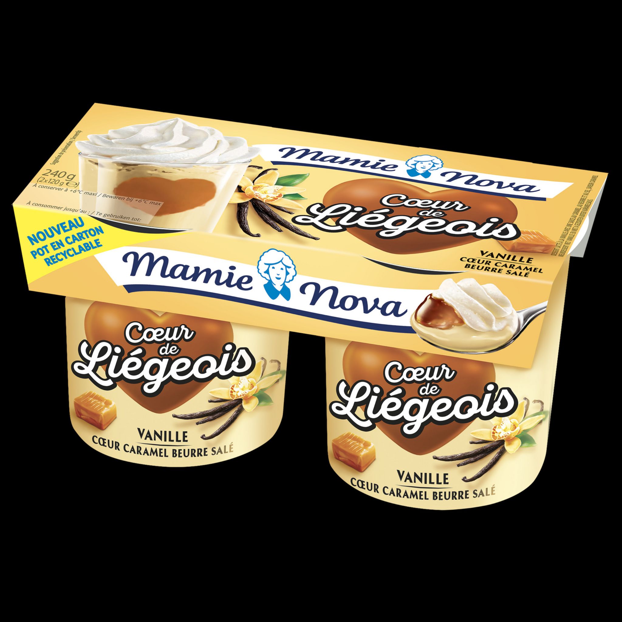 Voir la diapositive 4 : MAMIE NOVA Gourmand Coeur de liégeois aromatisé vanille coeur caramel beurre salé 2x120g