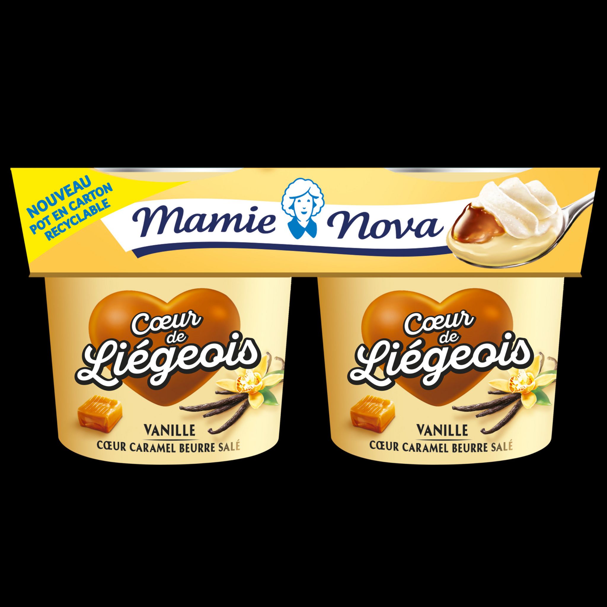 Voir la diapositive 5 : MAMIE NOVA Gourmand Coeur de liégeois aromatisé vanille coeur caramel beurre salé 2x120g
