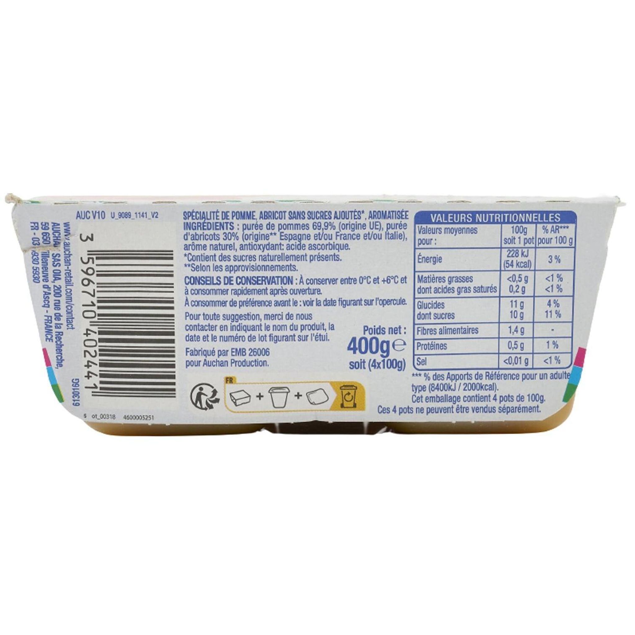Voir la diapositive 3 : AUCHAN Spécialité pomme abricot sans sucres ajoutés 4x100g