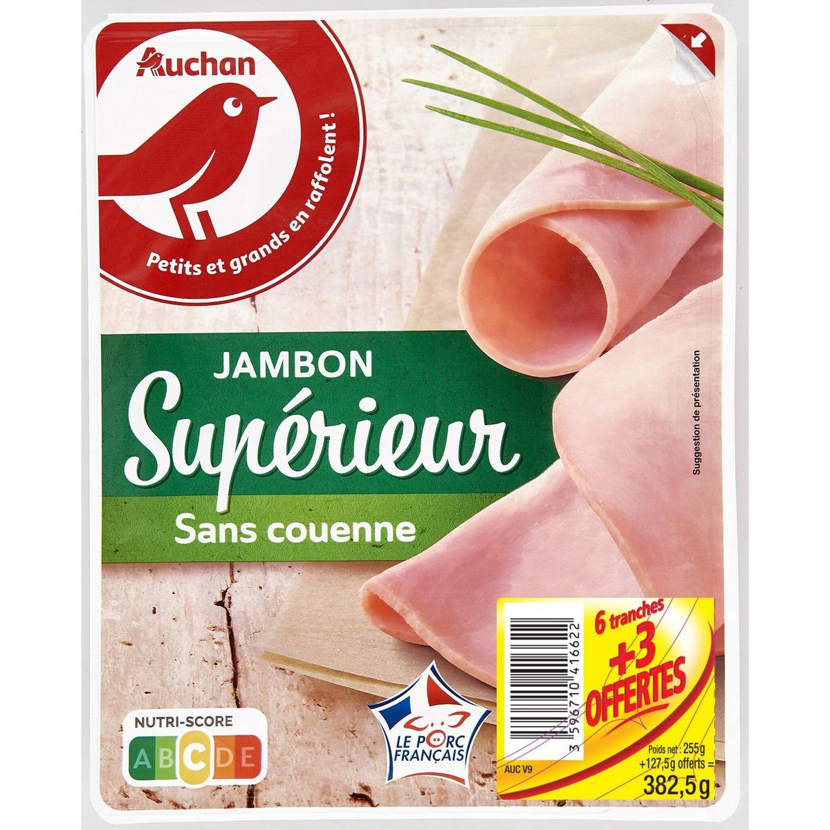 AUCHAN Jambon cuit supérieur sans couenne 6 tranches+3 offertes 382,5g