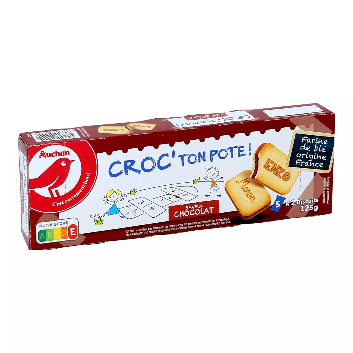 AUCHAN Croc' ton pote minis goûters fourrés parfum chocolat, sachets fraîcheur 5x2 biscuits 125g