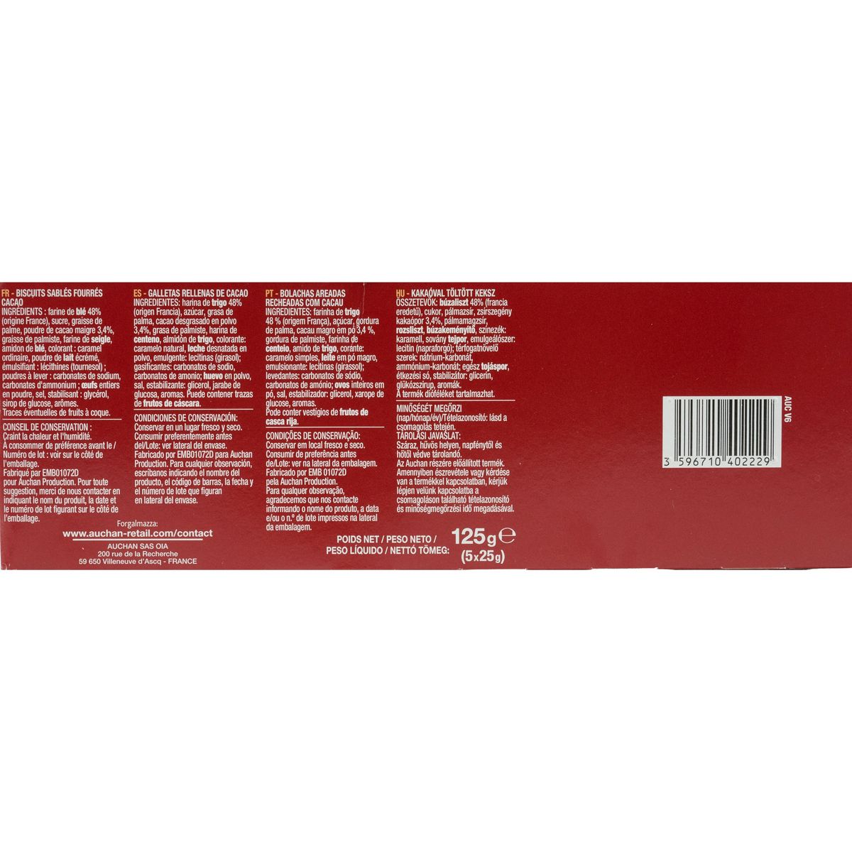 AUCHAN Croc' ton pote minis goûters fourrés parfum chocolat sachets fraîcheur 5x2 biscuits 125g