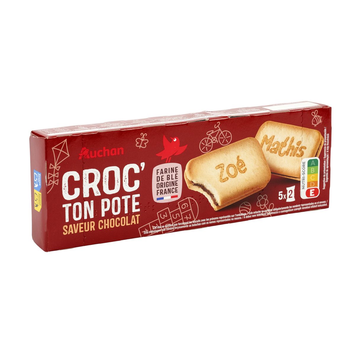AUCHAN Croc' ton pote minis goûters fourrés parfum chocolat sachets fraîcheur 5x2 biscuits 125g