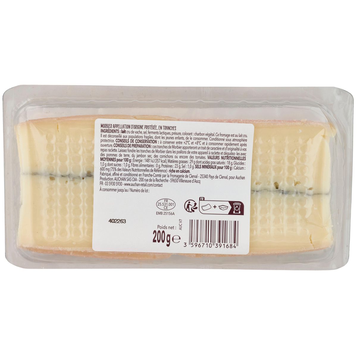 AUCHAN Fromage à raclette morbier AOP 2 parts 200g