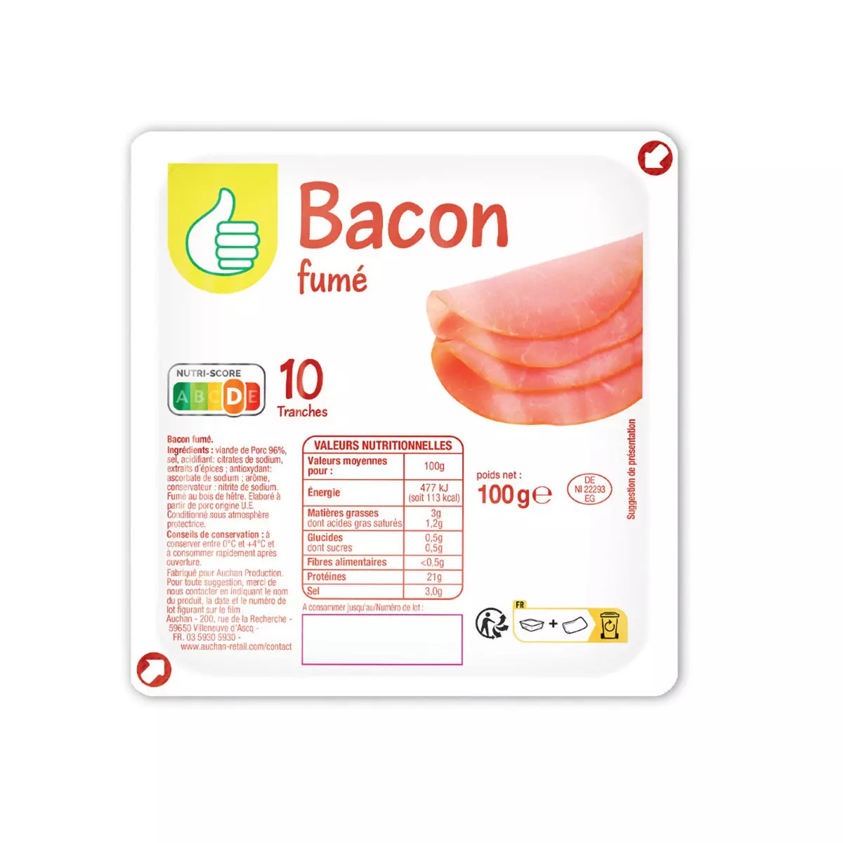 POUCE Bacon fumé en tranches 10 tranches 100g