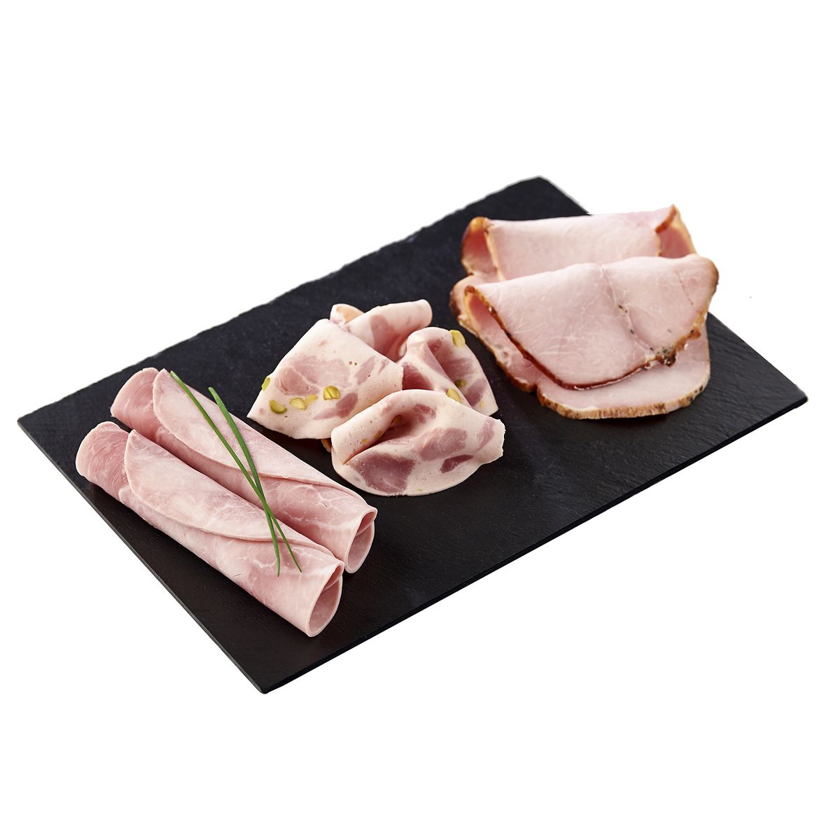 AUCHAN LE CHARCUTIER Plateau assortiment de charcuteries cuites jambon cuit, rôti cuit, roulade aux pistaches 270g