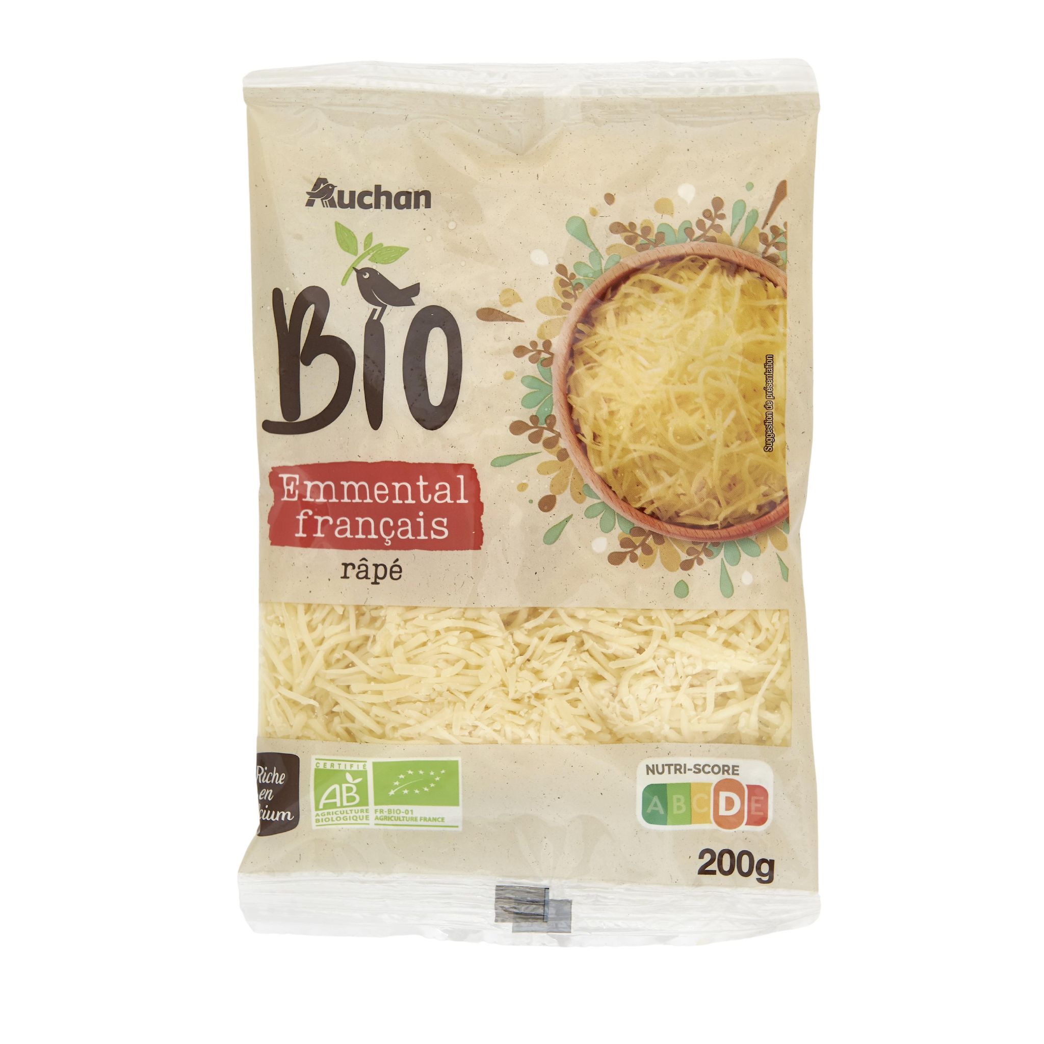 Voir la diapositive 2 : AUCHAN BIO Emmental râpé français 200g