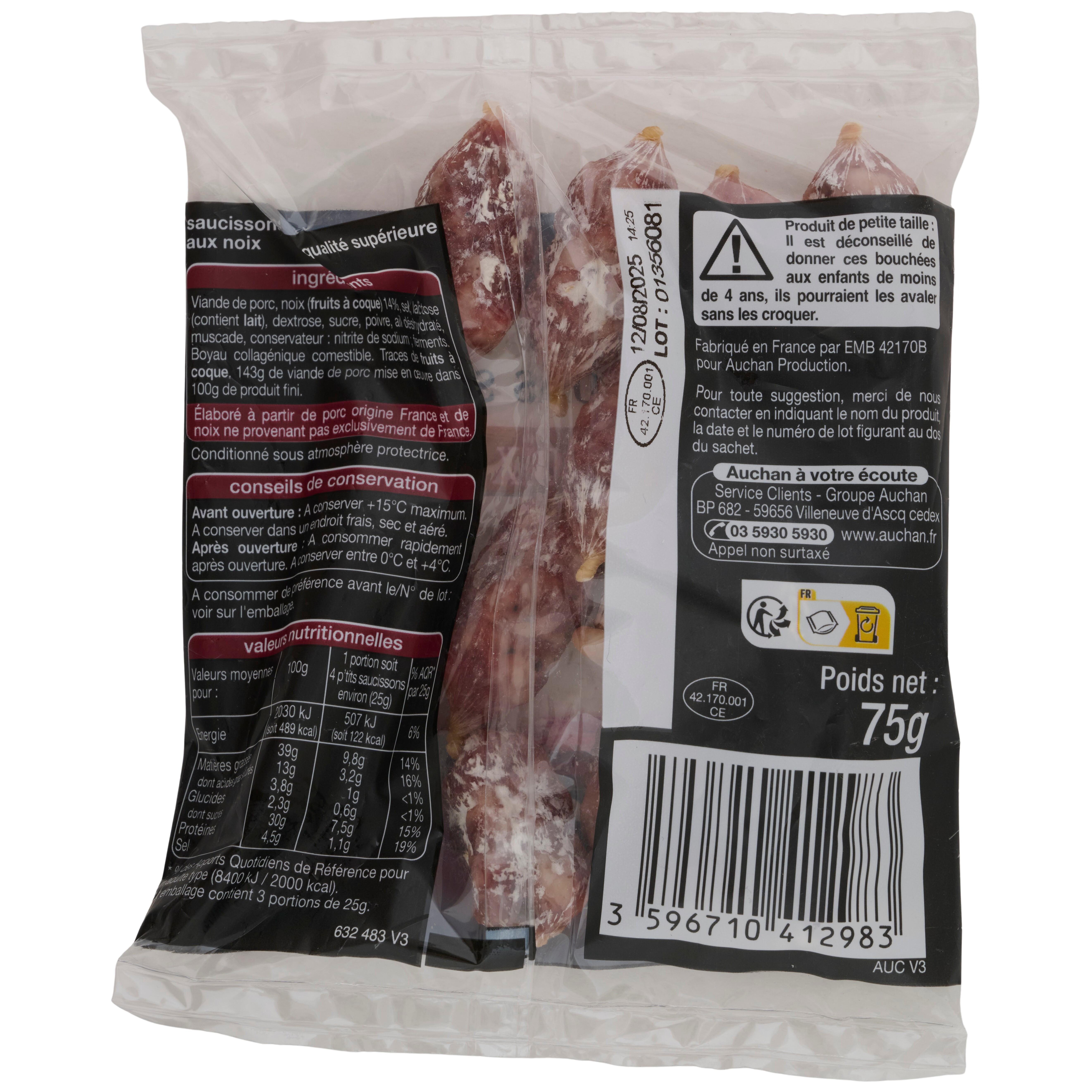 Voir la diapositive 2 : AUCHAN Petits saucissons aux noix 12 pièces 75g