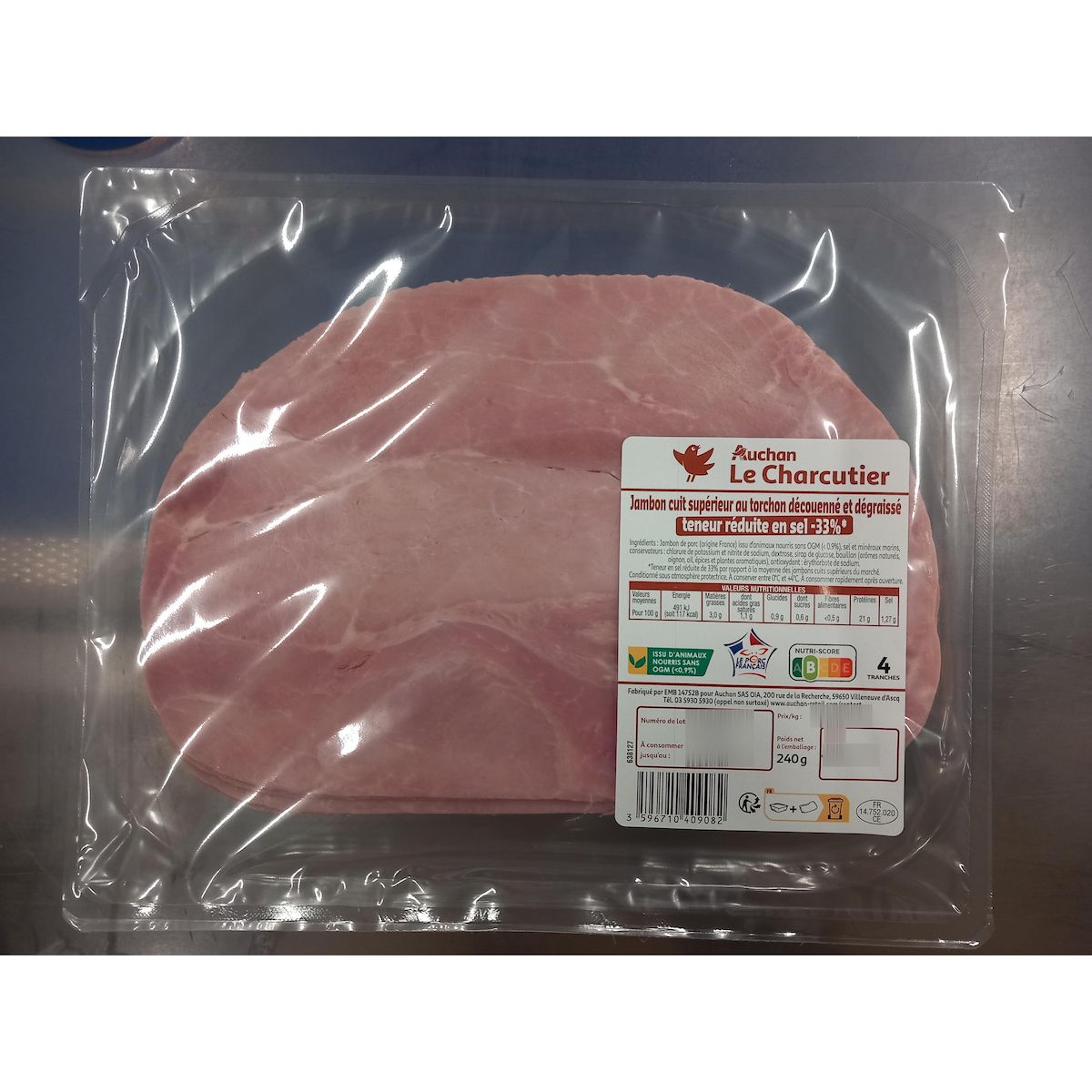 AUCHAN LE CHARCUTIER Jambon cuit au torchon réduit en sel 4 tranches 240g
