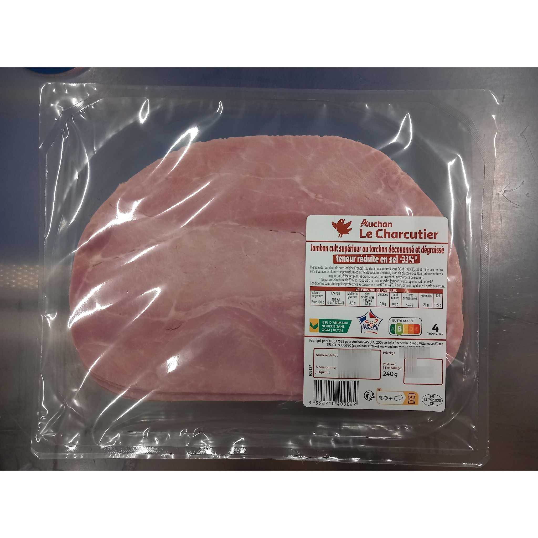 Voir la diapositive 2 : AUCHAN LE CHARCUTIER Jambon cuit au torchon réduit en sel 4 tranches 240g