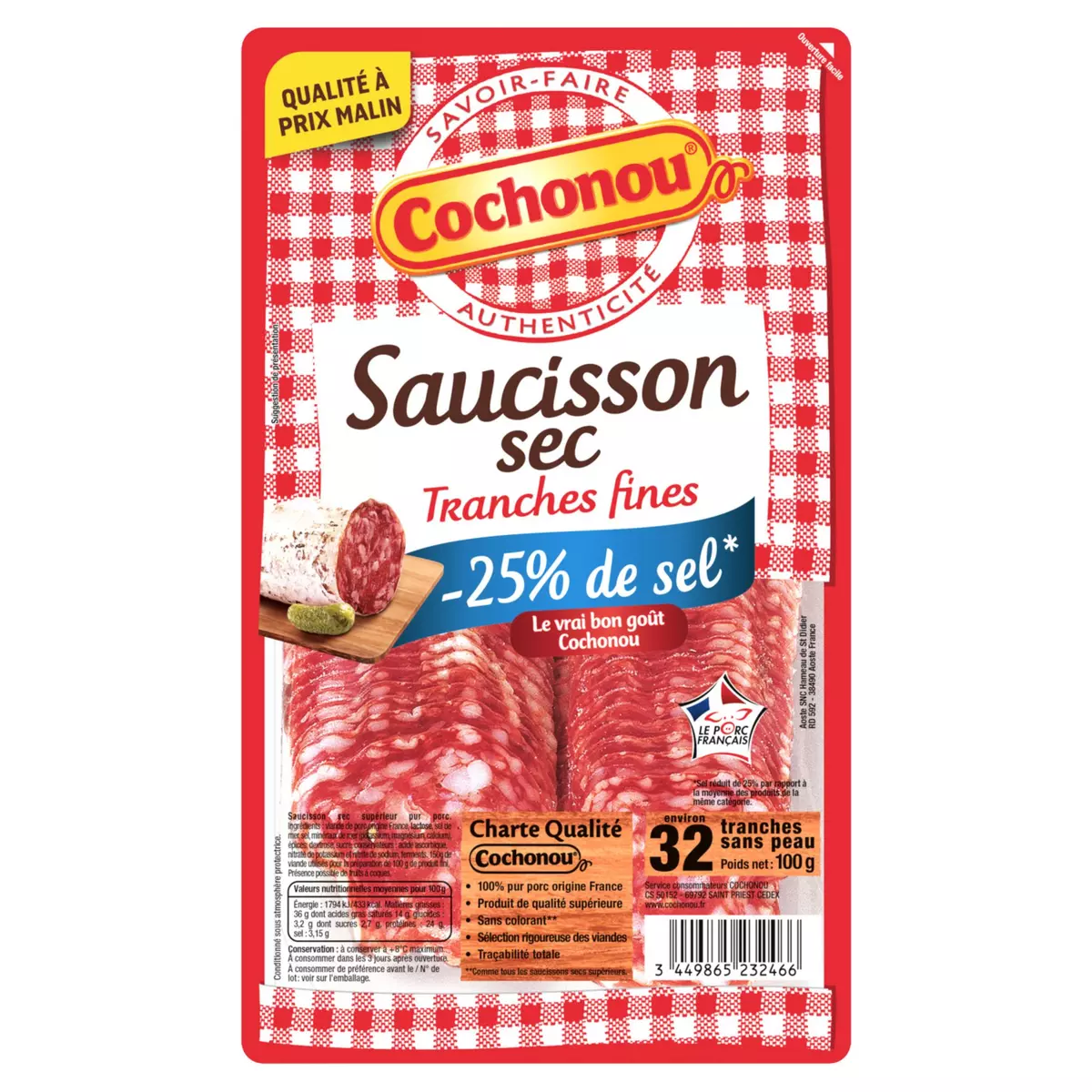 COCHONOU Saucisson sec tranches fines réduit en sel 32 tranches 100g
