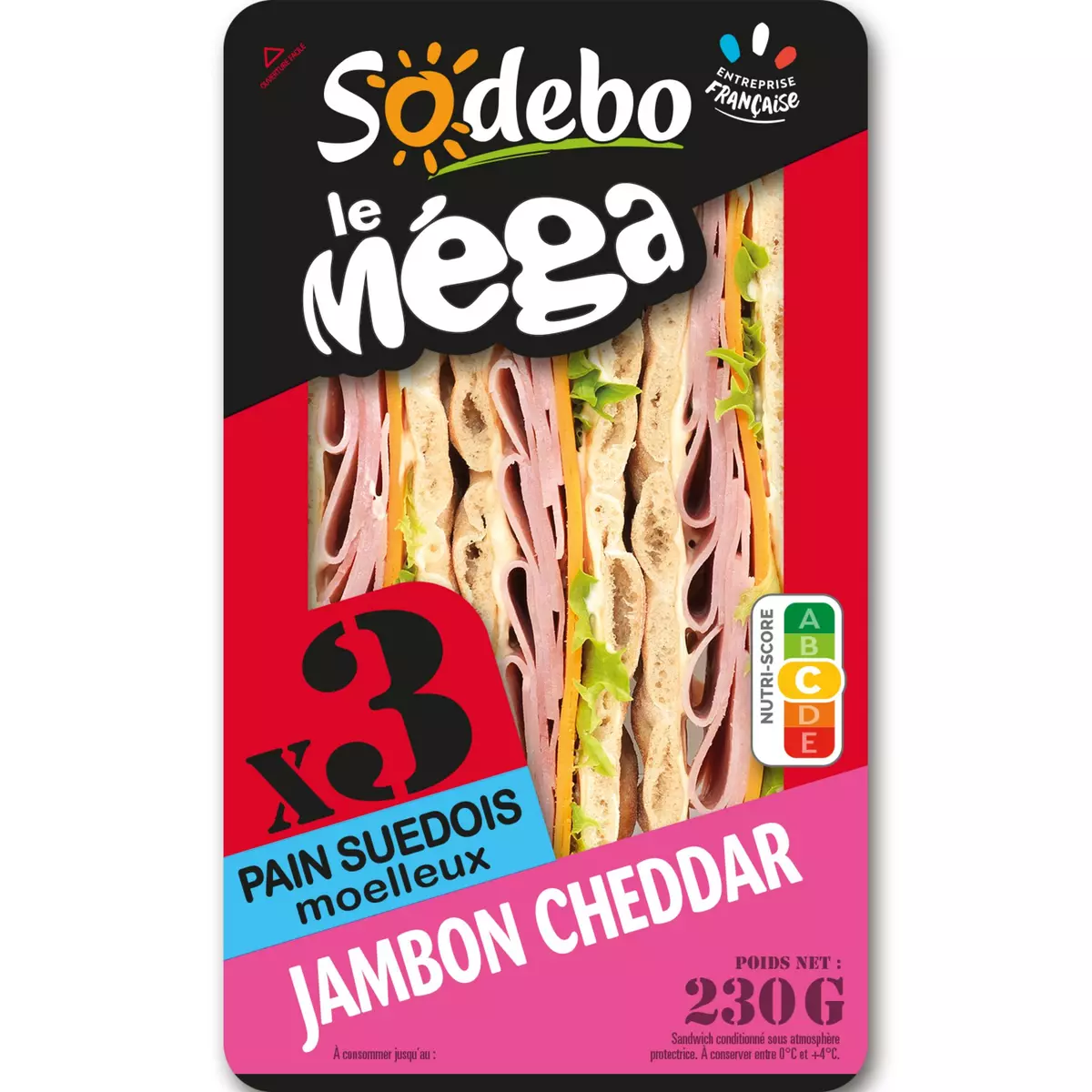SODEBO Sandwich mega club suédois jambon cheddar 1 portion 230g