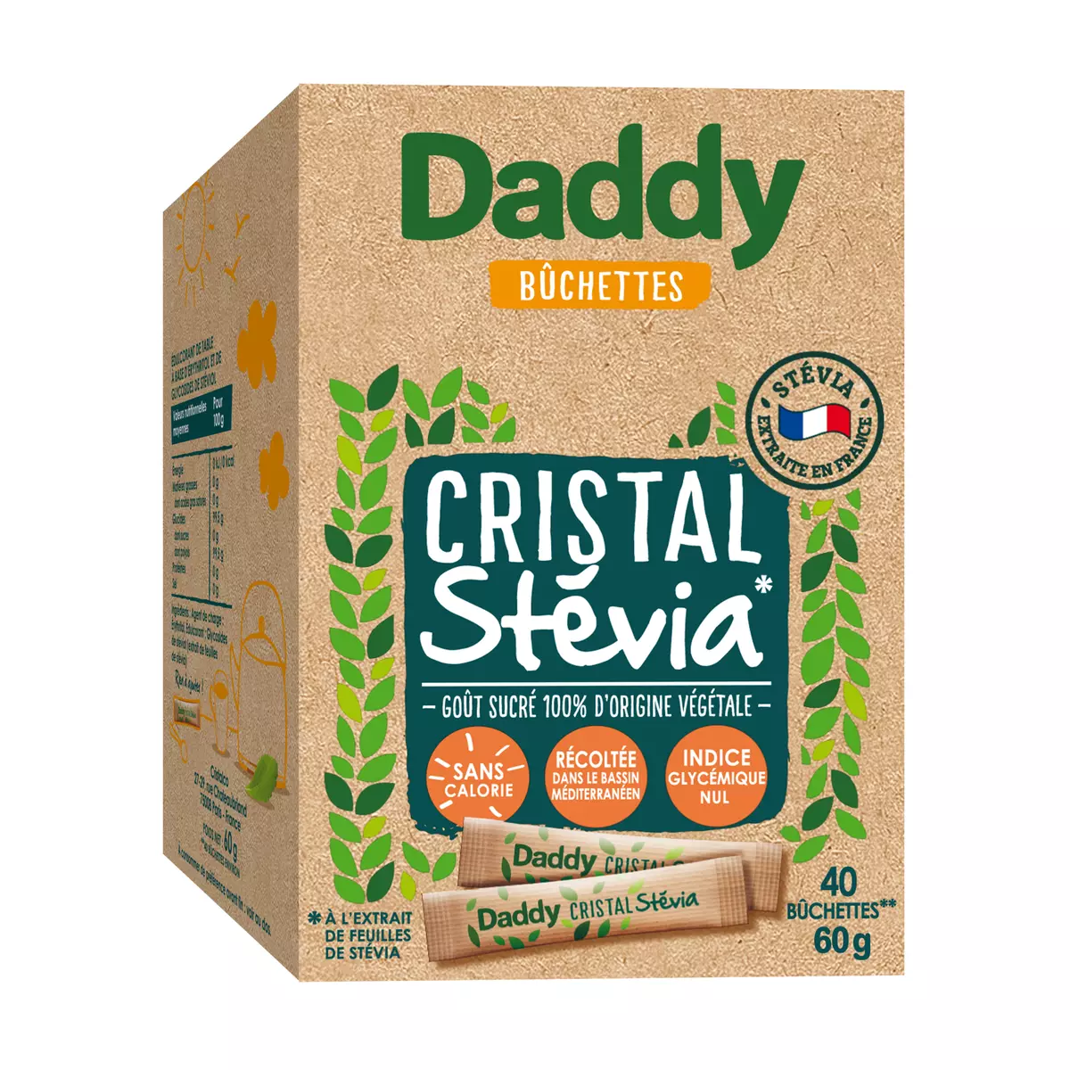 DADDY Sticks de stévia 100% origine naturelle sans arôme ajouté 40 sticks 60g