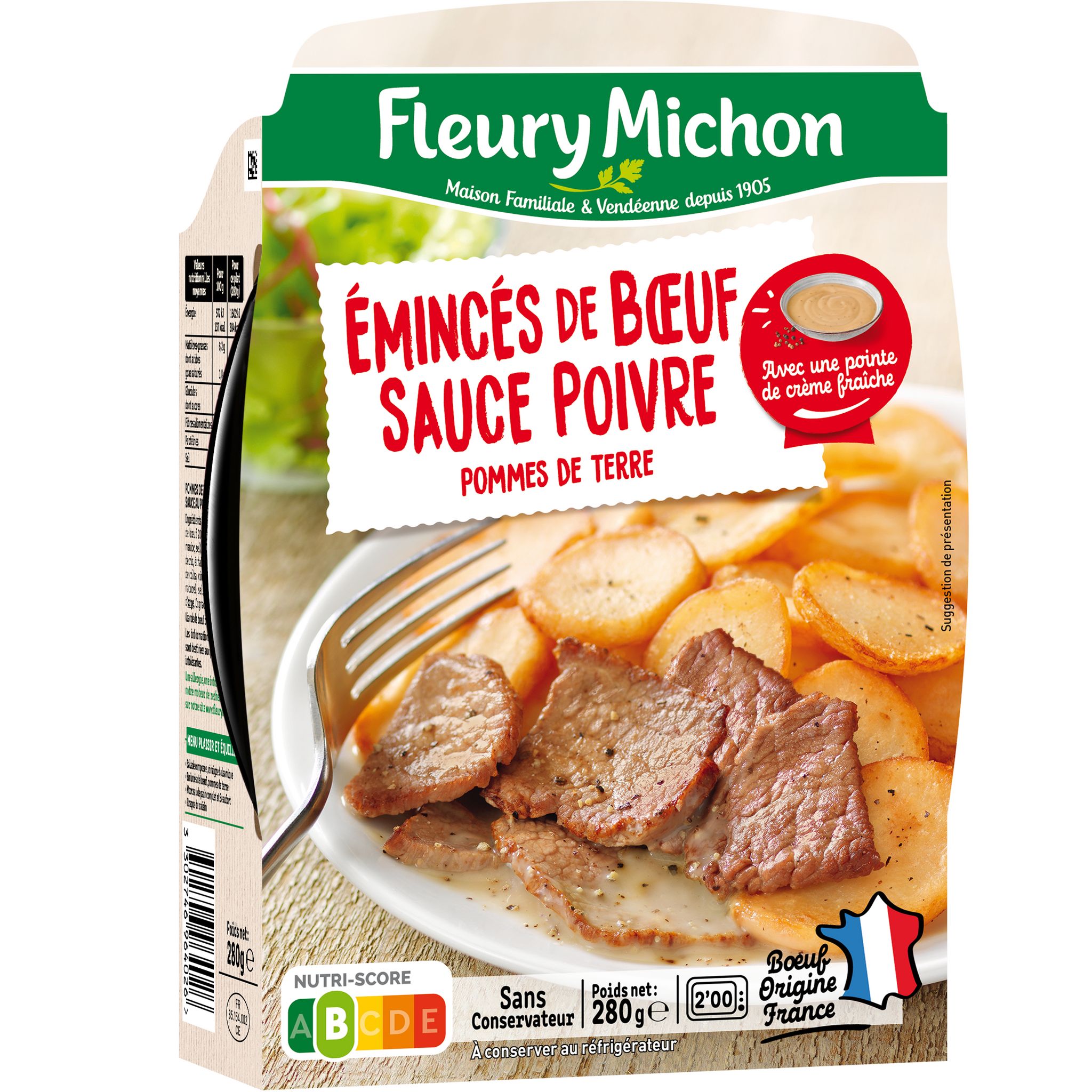 Voir la diapositive 2 : FLEURY MICHON Emincés de bœuf sauce poivre pomme de terre 1 part 280g